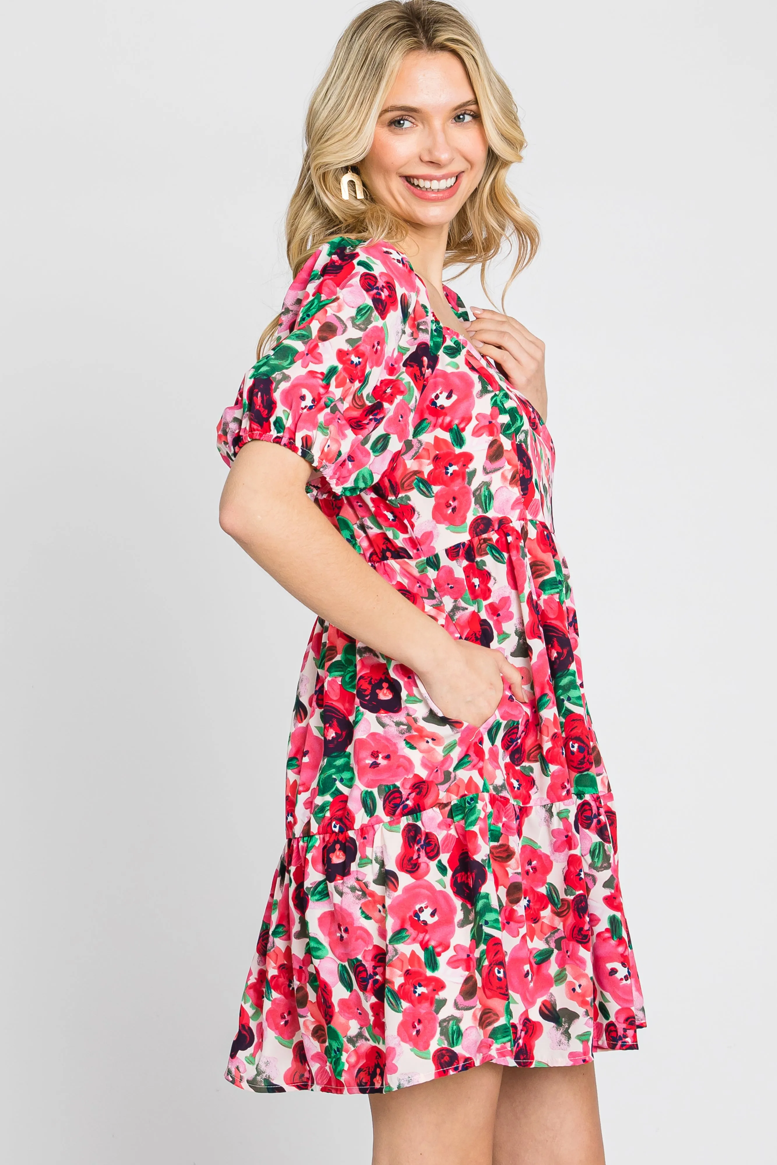 Pink Floral Sweetheart Neck Short Puff Sleeve Dress sold by Pinkblush product image thumbnail 4