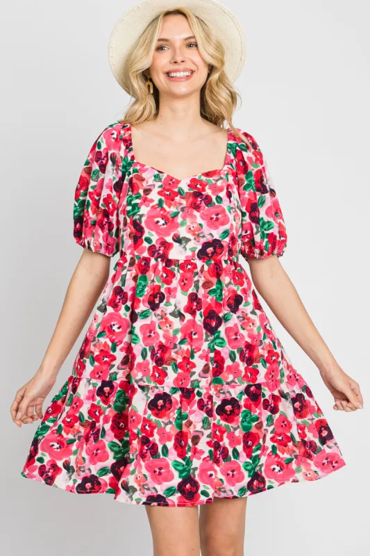 Pink Floral Sweetheart Neck Short Puff Sleeve Dress sold by Pinkblush