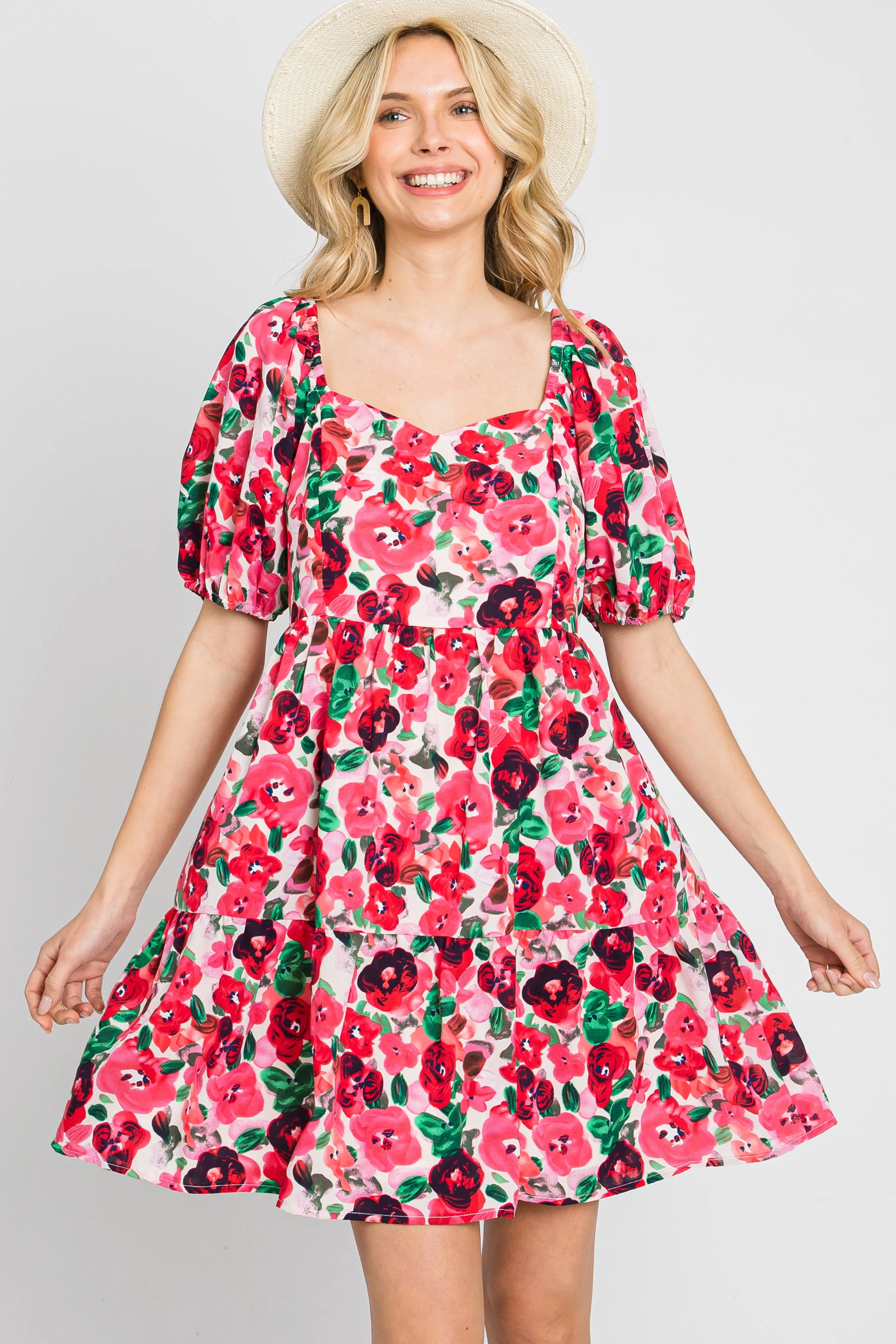 Pink Floral Sweetheart Neck Short Puff Sleeve Dress sold by Pinkblush