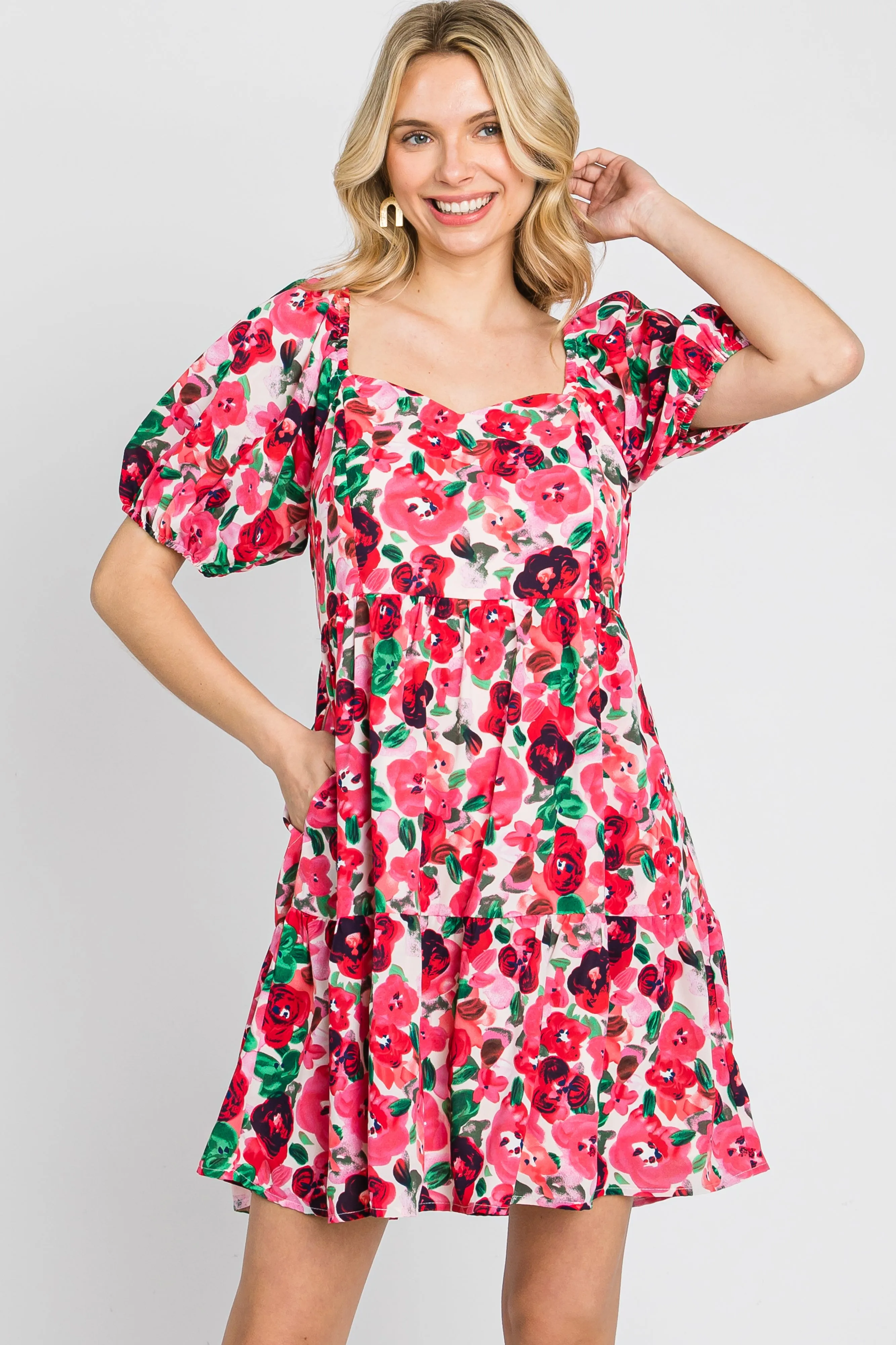 Pink Floral Sweetheart Neck Short Puff Sleeve Dress sold by Pinkblush product image thumbnail 2