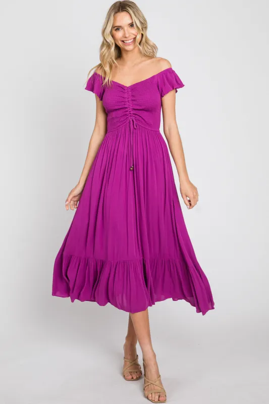 Magenta Smocked Ruched Ruffle Hem Maxi Dress sold by Pinkblush