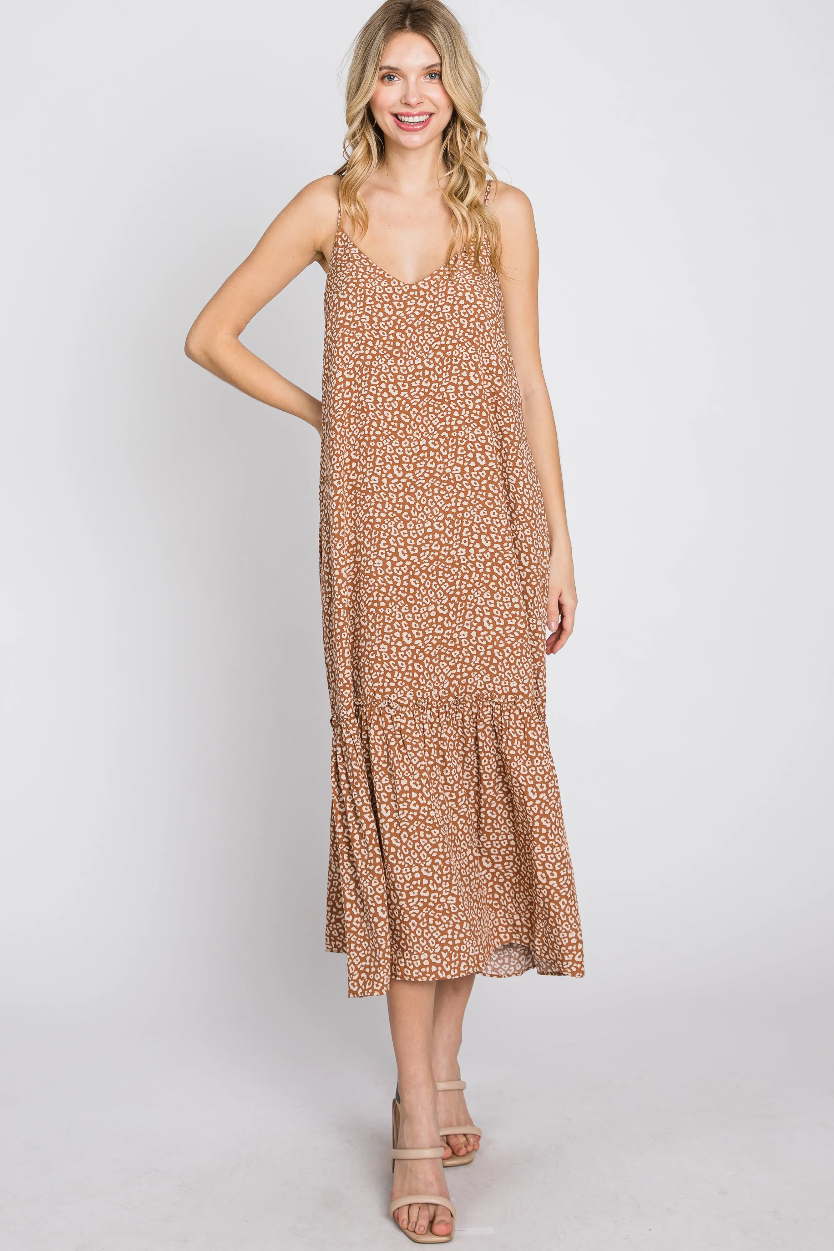 Camel Animal Print Ruffle Hem Midi Dress sold by Pinkblush product image thumbnail 4