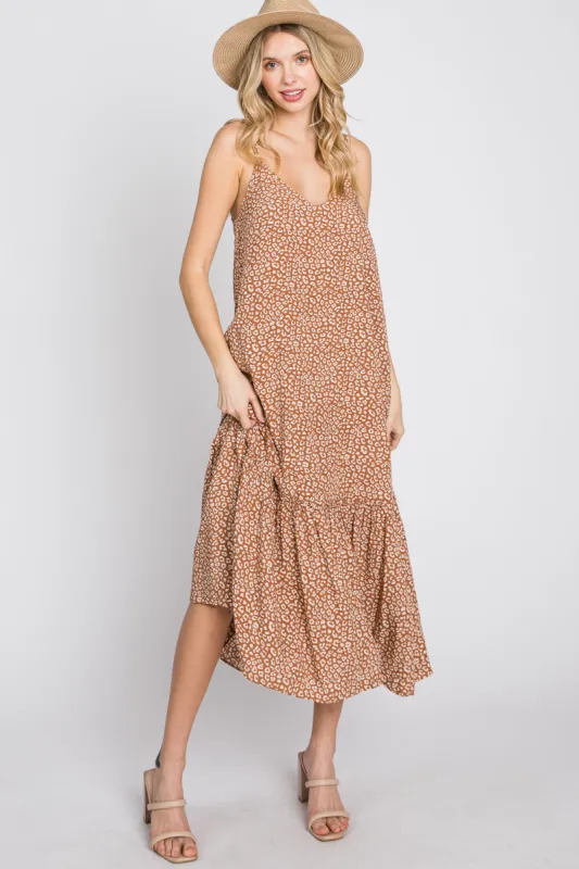Camel Animal Print Ruffle Hem Midi Dress sold by Pinkblush