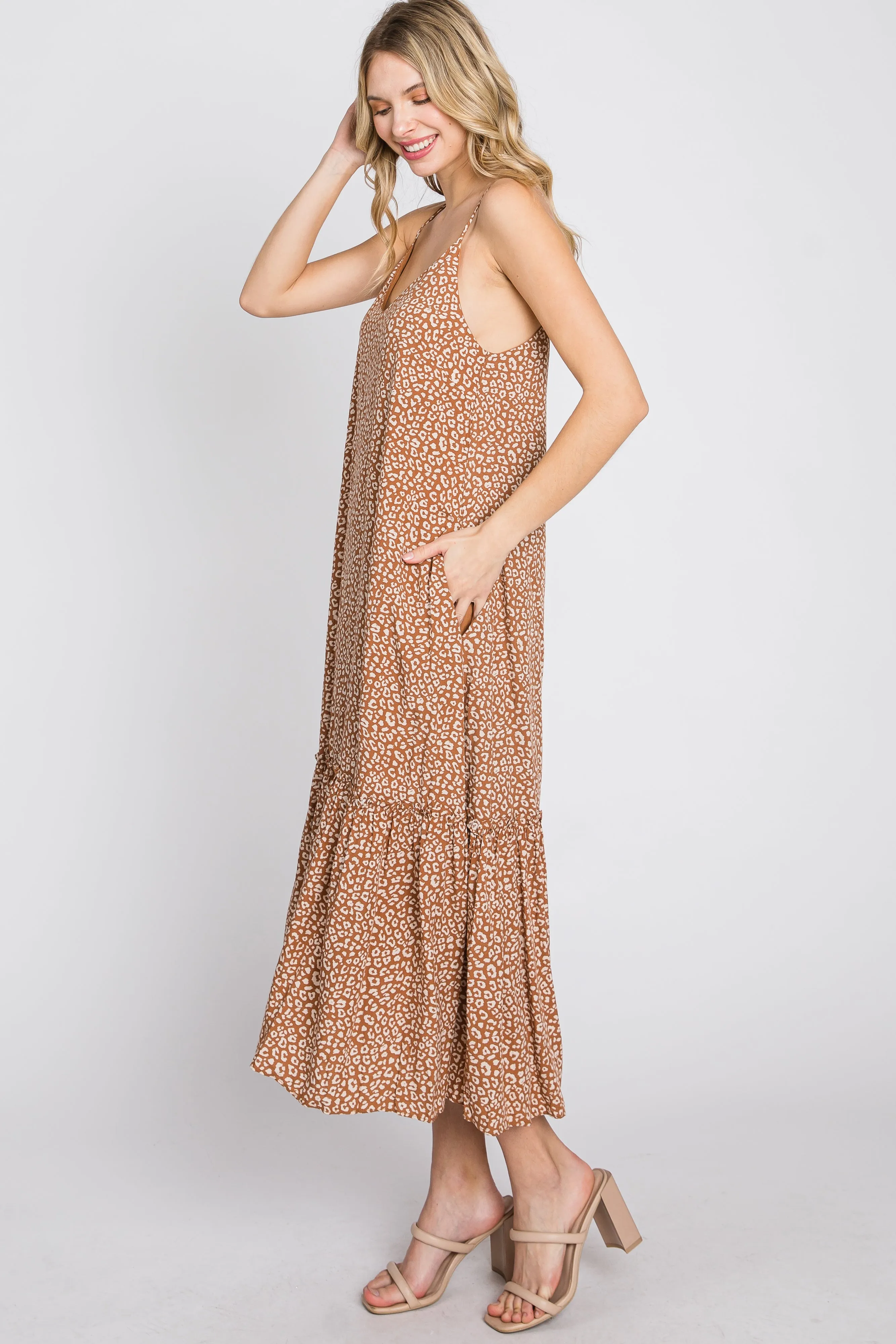 Camel Animal Print Ruffle Hem Midi Dress sold by Pinkblush product image thumbnail 5