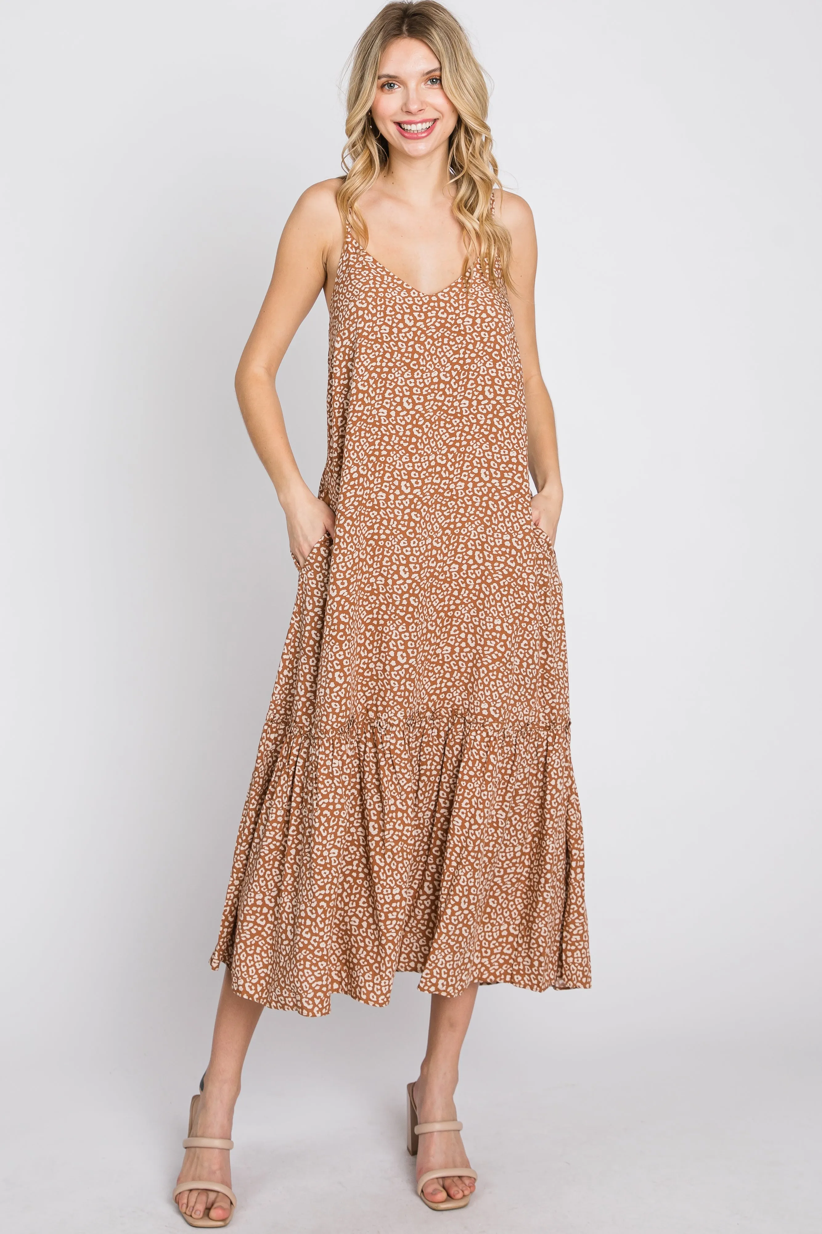Camel Animal Print Ruffle Hem Midi Dress sold by Pinkblush product image thumbnail 2