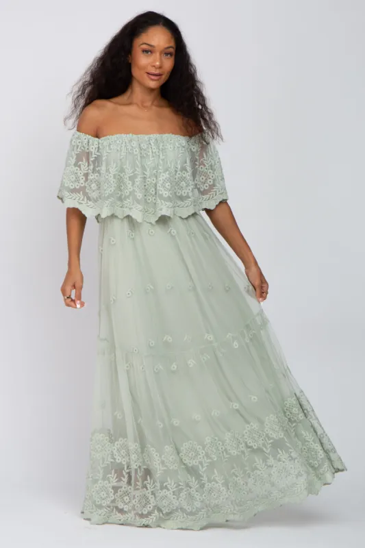 Light Green Lace Overlay Off Shoulder Maxi Dress sold by Pinkblush