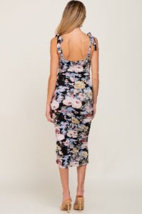 Black Floral Sleeveless Ruched Maternity Midi Dress sold by Pinkblush