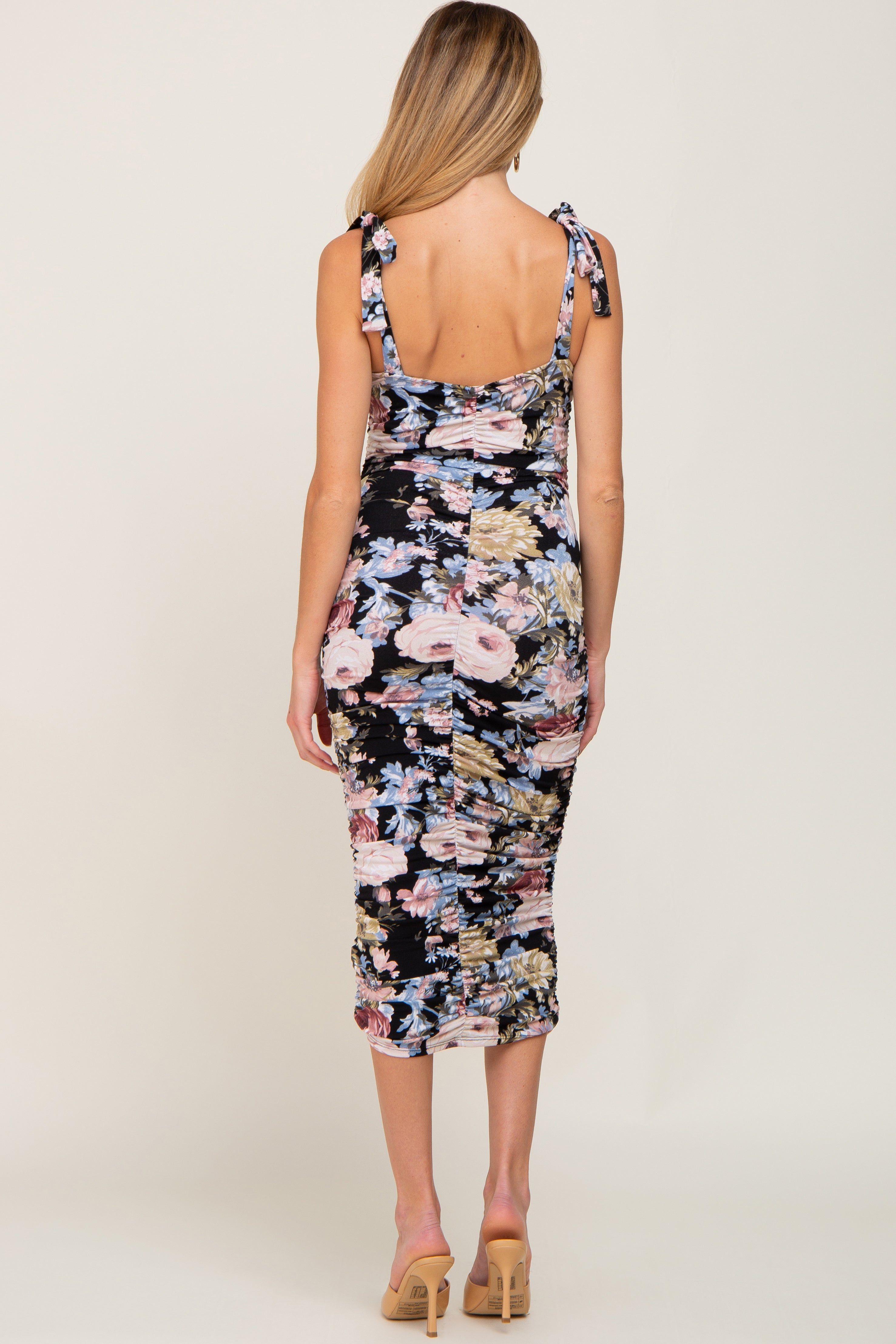 Black Floral Sleeveless Ruched Maternity Midi Dress sold by Pinkblush product image thumbnail 3