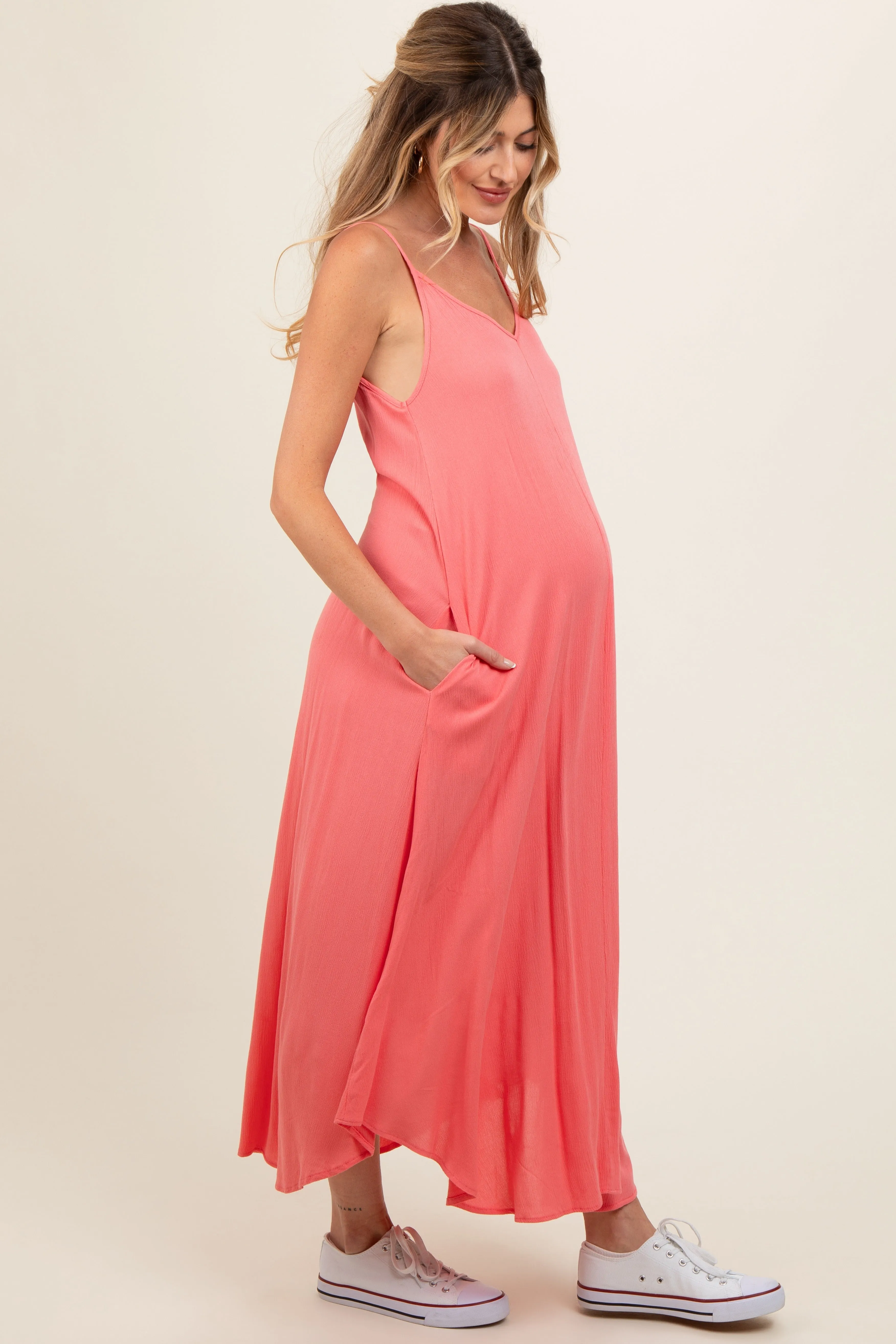 Coral Lightweight Sleeveless V-Neck Maternity Maxi Dress sold by Pinkblush product image thumbnail 3