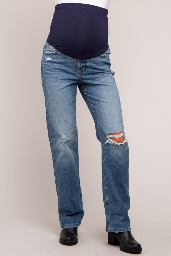 Blue Distressed Straight Leg Maternity Jeans sold by Pinkblush product image thumbnail 2