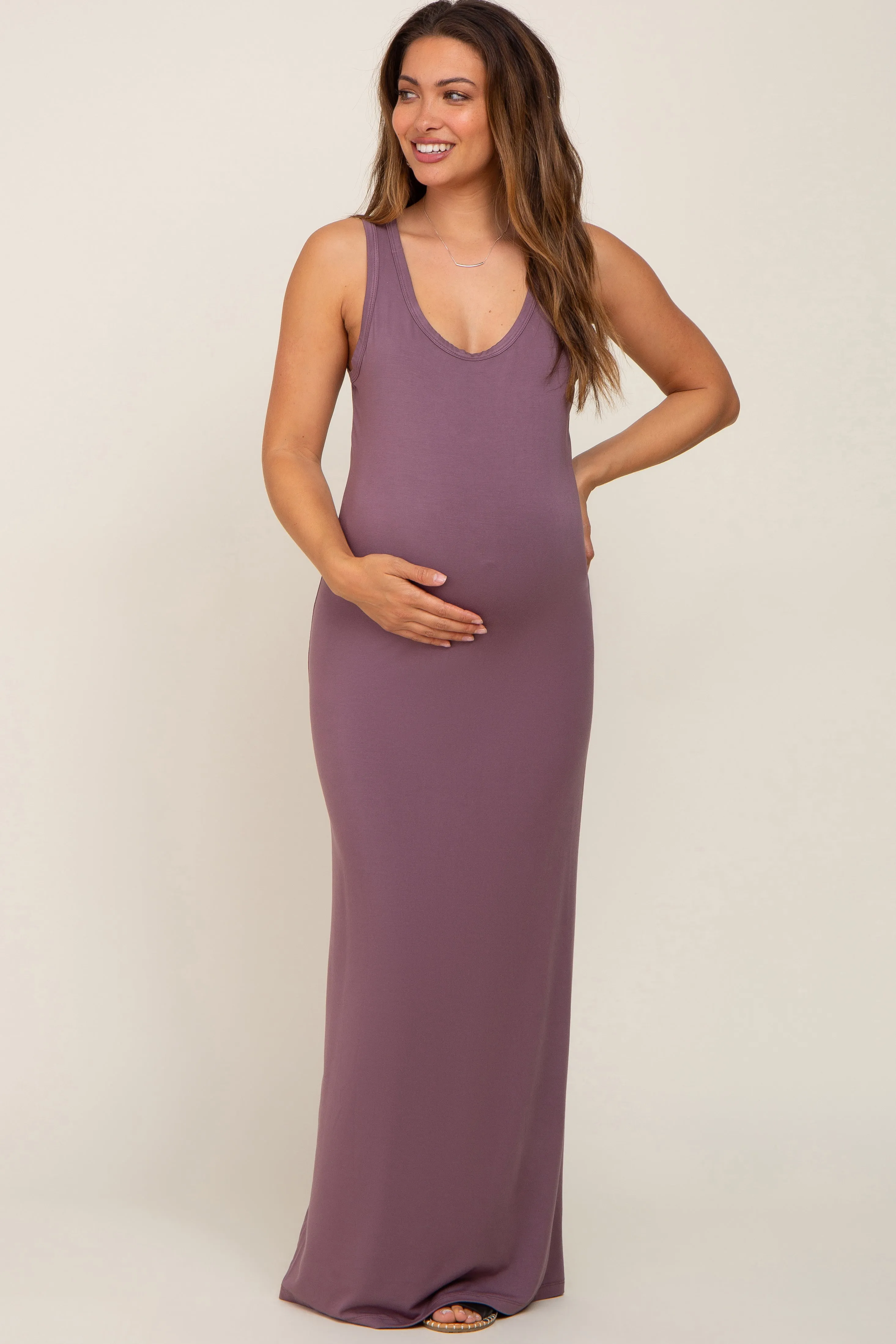 Mauve Basic Sleeveless Maternity Maxi Dress sold by Pinkblush
