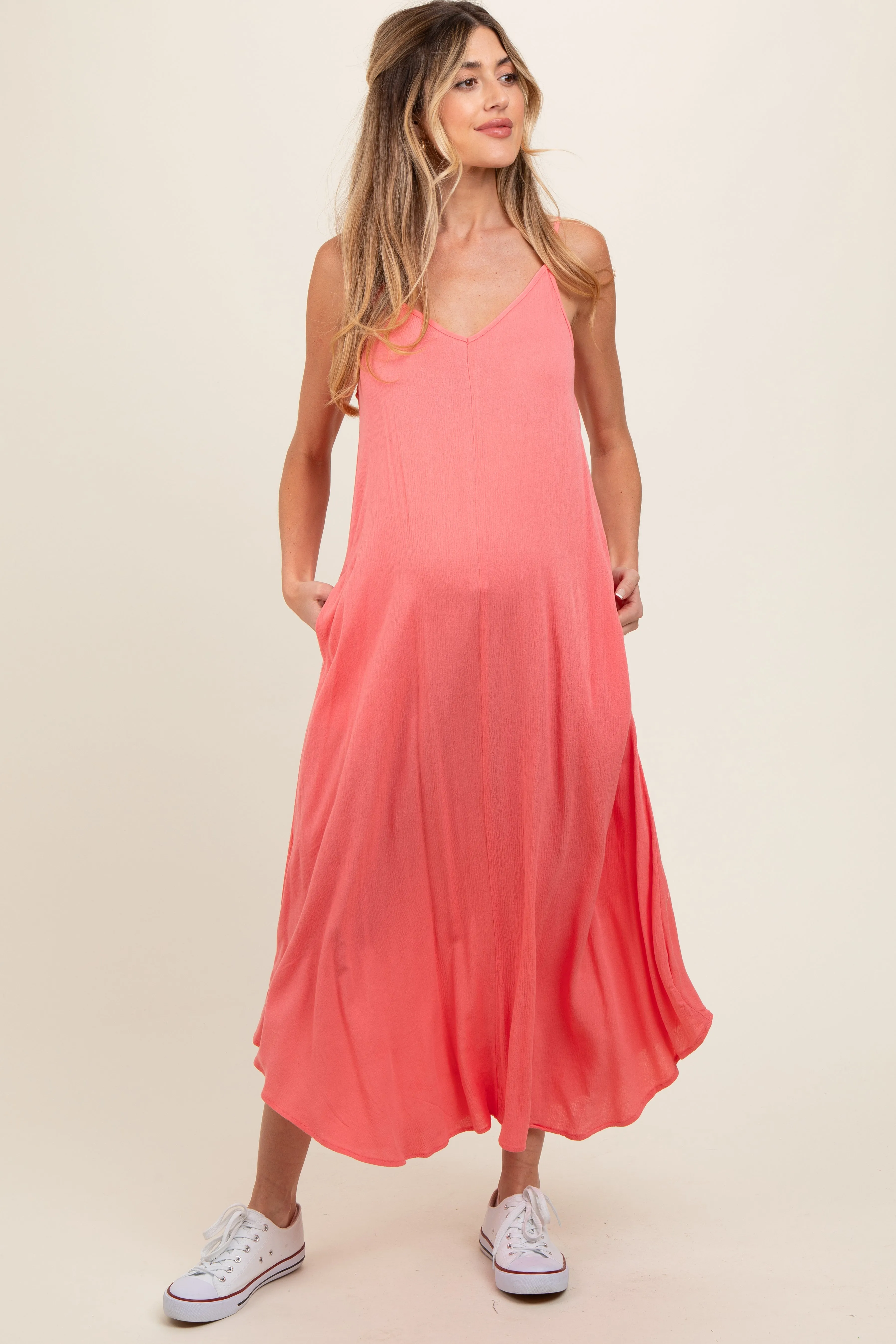 Coral Lightweight Sleeveless V-Neck Maternity Maxi Dress sold by Pinkblush