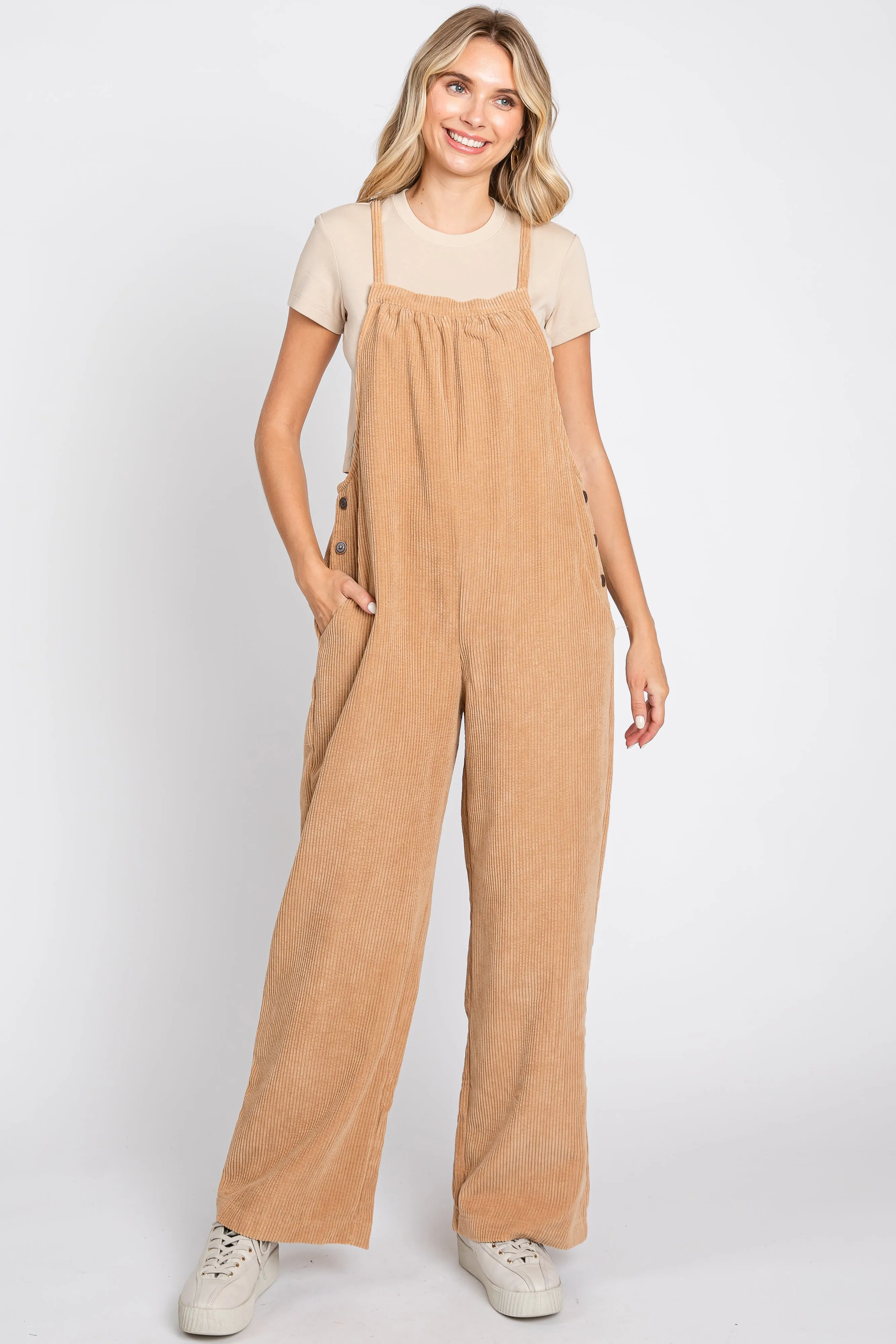 Camel Corduroy Wide Leg Overalls sold by Pinkblush