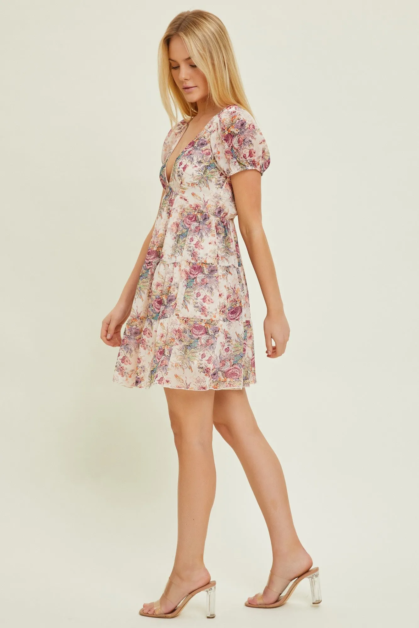 Cream Chiffon Floral Back Tie Dress sold by Pinkblush product image thumbnail 3