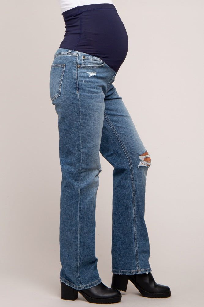 Blue Distressed Straight Leg Maternity Jeans sold by Pinkblush product image thumbnail 3