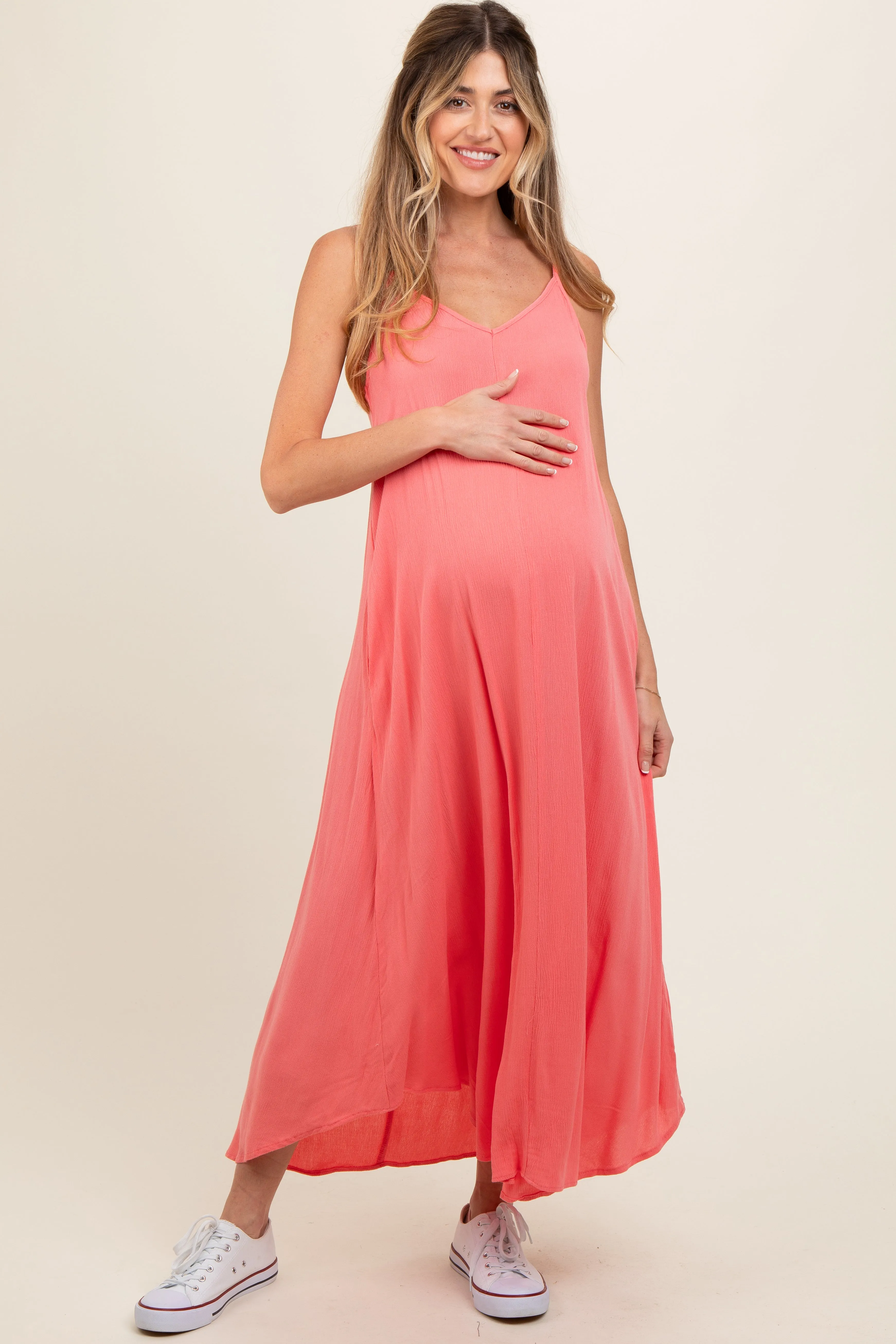 Coral Lightweight Sleeveless V-Neck Maternity Maxi Dress sold by Pinkblush product image thumbnail 2