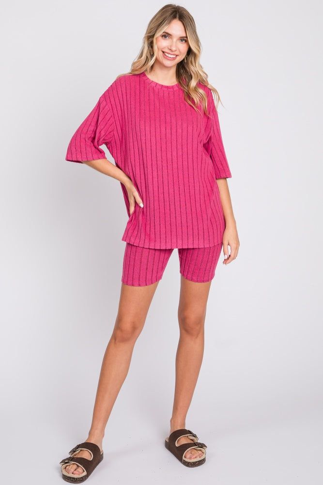 Fuchsia Ribbed Soft Short Sleeve Shorts Set sold by Pinkblush