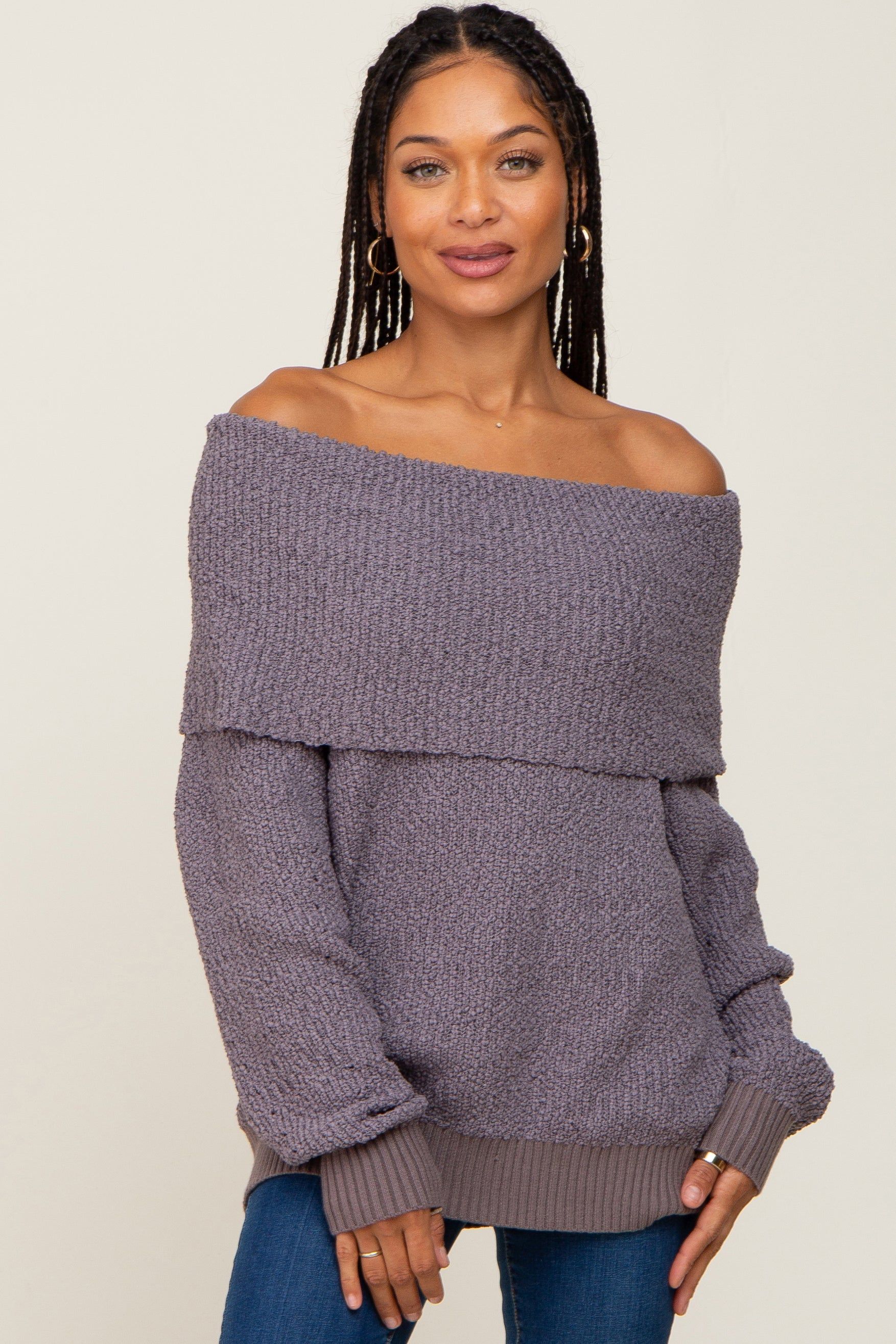 Charcoal Foldover Off Shoulder Sweater sold by Pinkblush