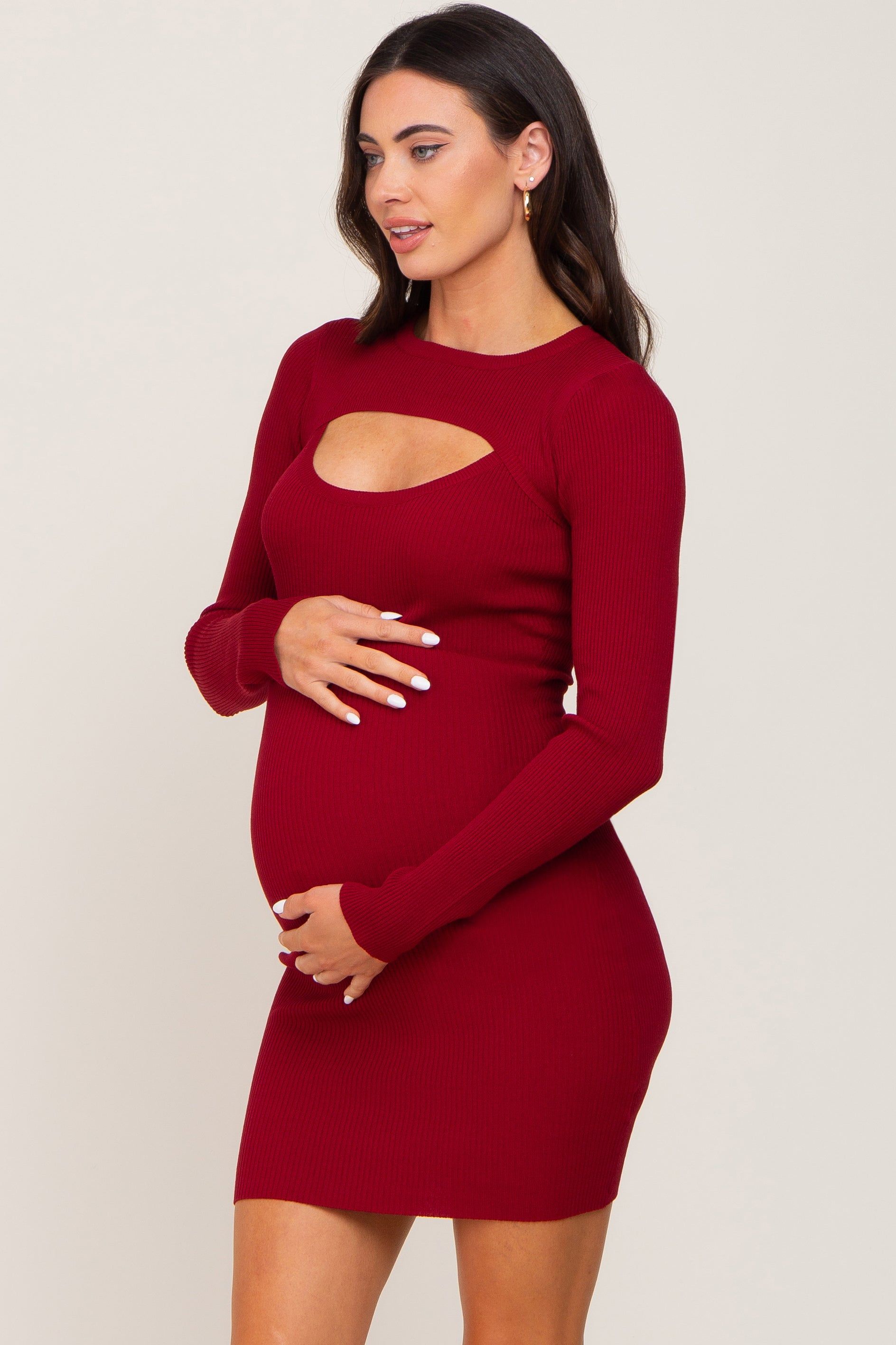 Burgundy Knit Cutout Maternity Fitted Dress sold by Pinkblush product image thumbnail 2