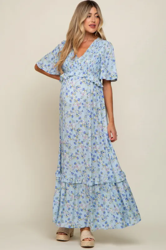 Light Blue Smocked V-Neck Flutter Short Sleeve Maternity Maxi Dress sold by Pinkblush