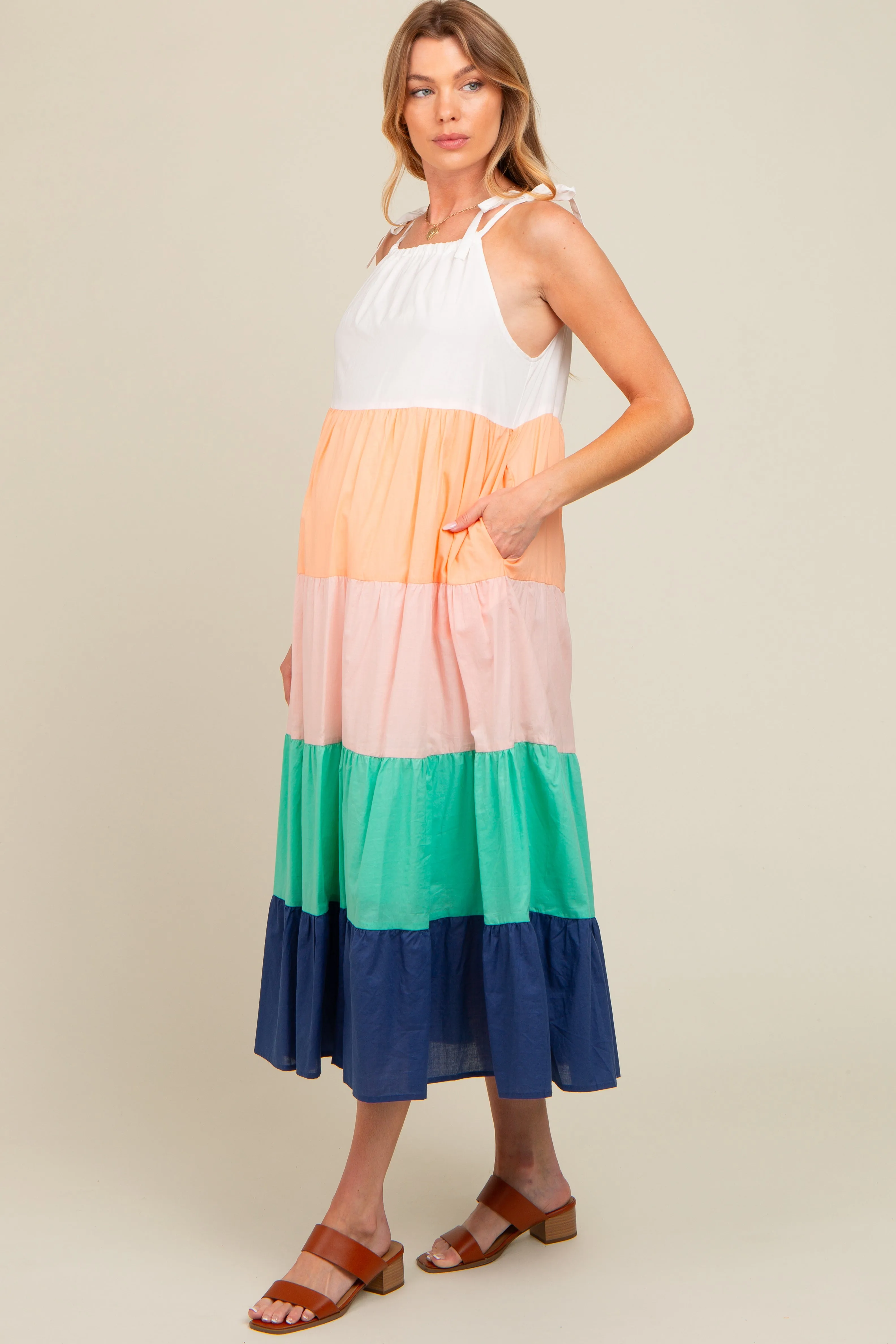 Coral Colorblock Tiered Maternity Midi Dress sold by Pinkblush product image thumbnail 2