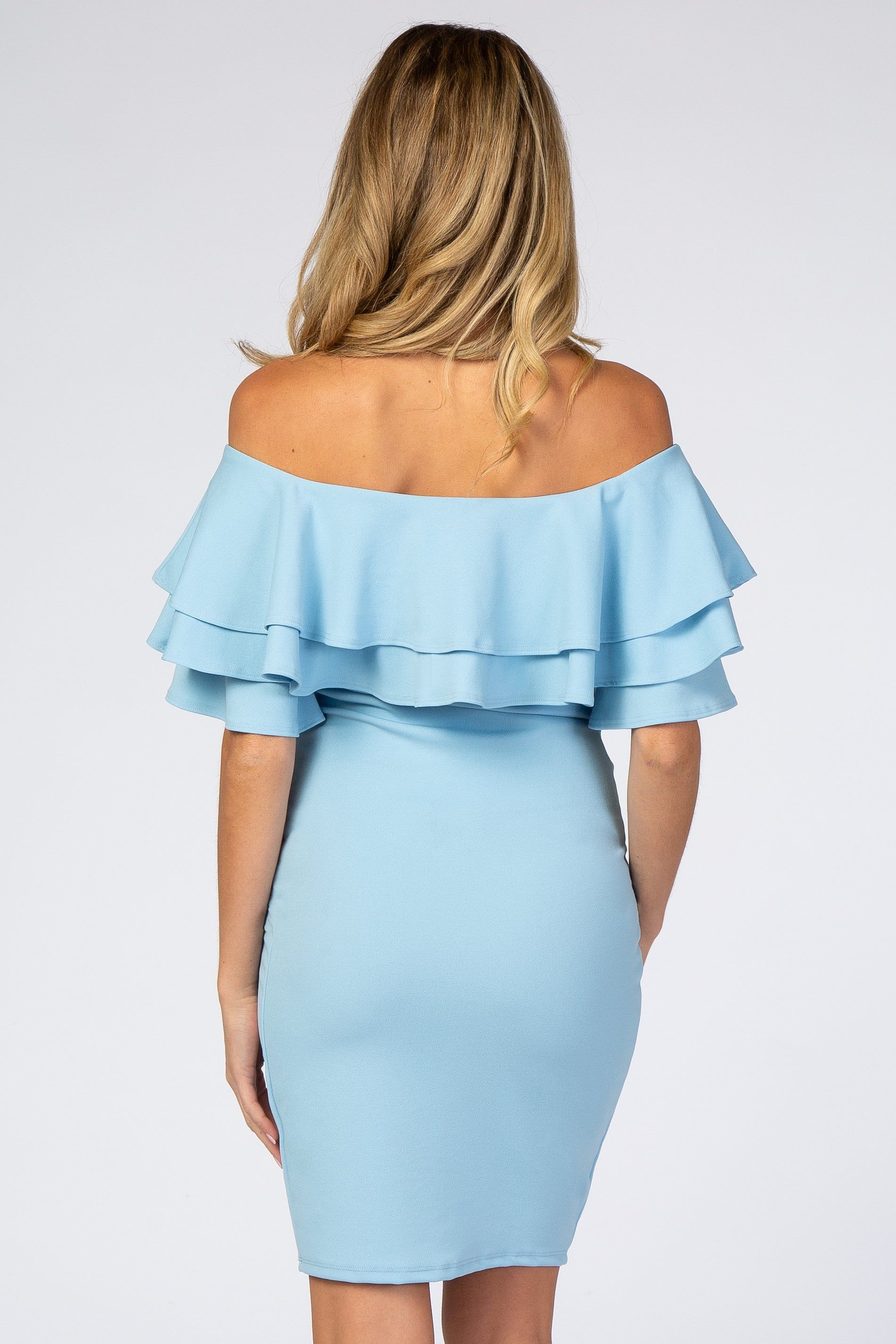 Turquoise Layered Ruffle Off Shoulder Fitted Maternity Dress sold by Pinkblush product image thumbnail 3