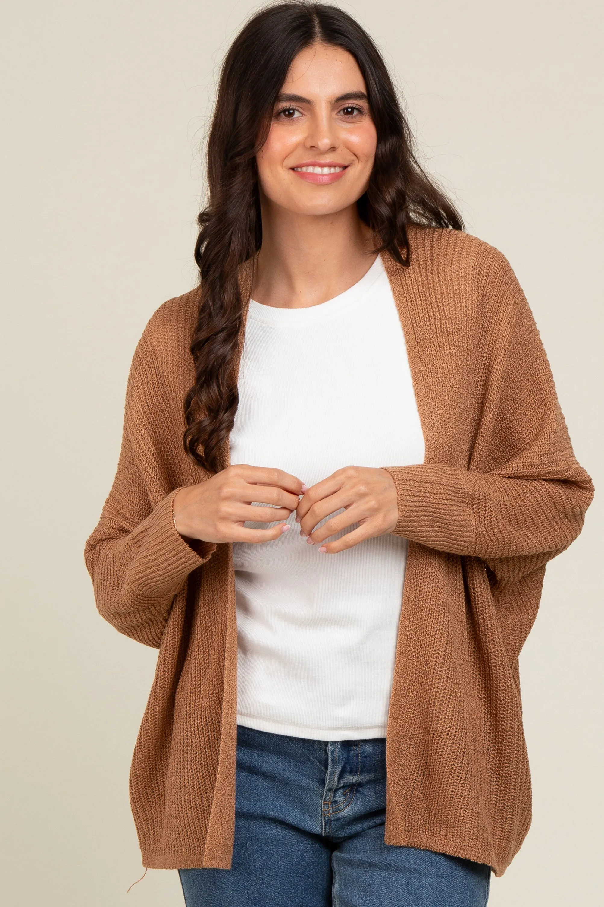 Camel Knit Open Front Cardigan sold by Pinkblush