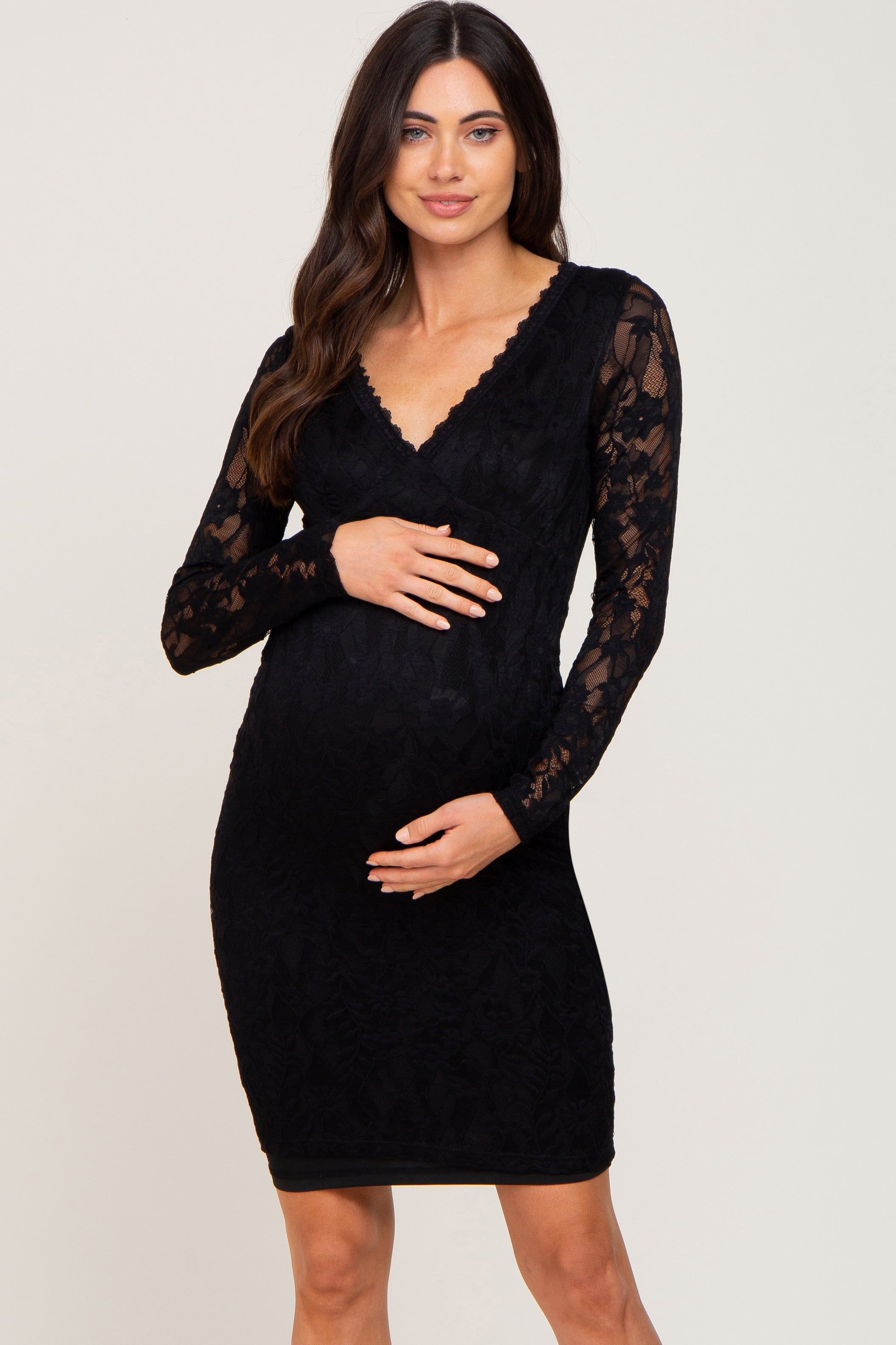 Black Lace V-Neck Maternity Fitted Dress sold by Pinkblush