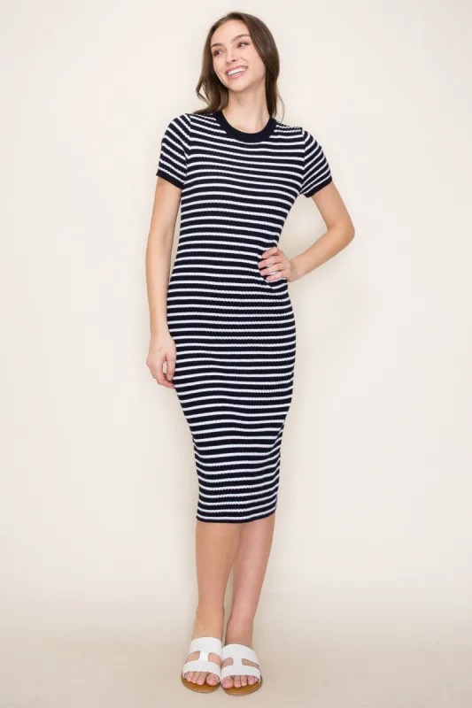 Navy Striped Knit Midi Dress sold by Pinkblush