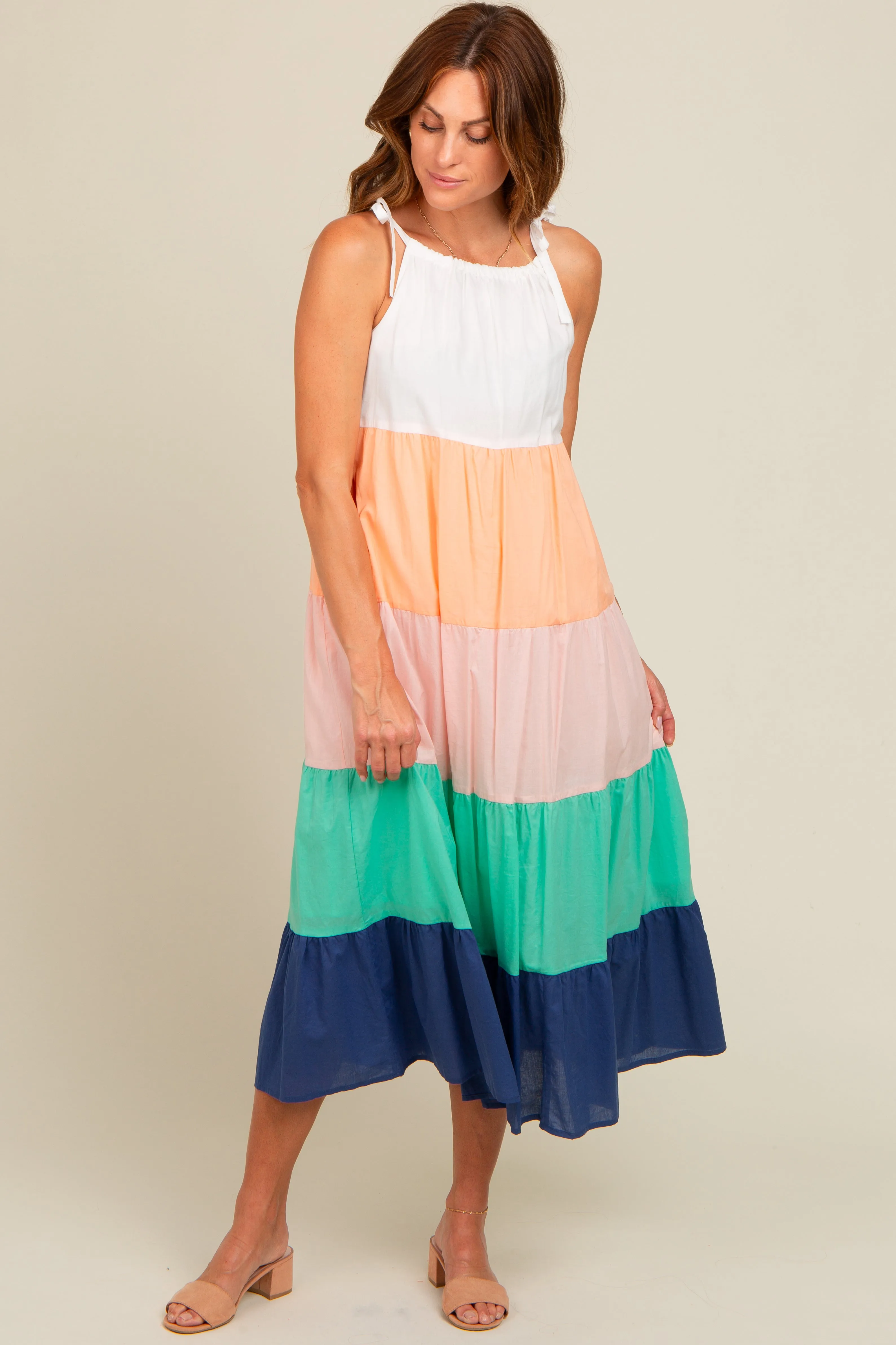 Coral Colorblock Tiered Maternity Midi Dress sold by Pinkblush product image thumbnail 4