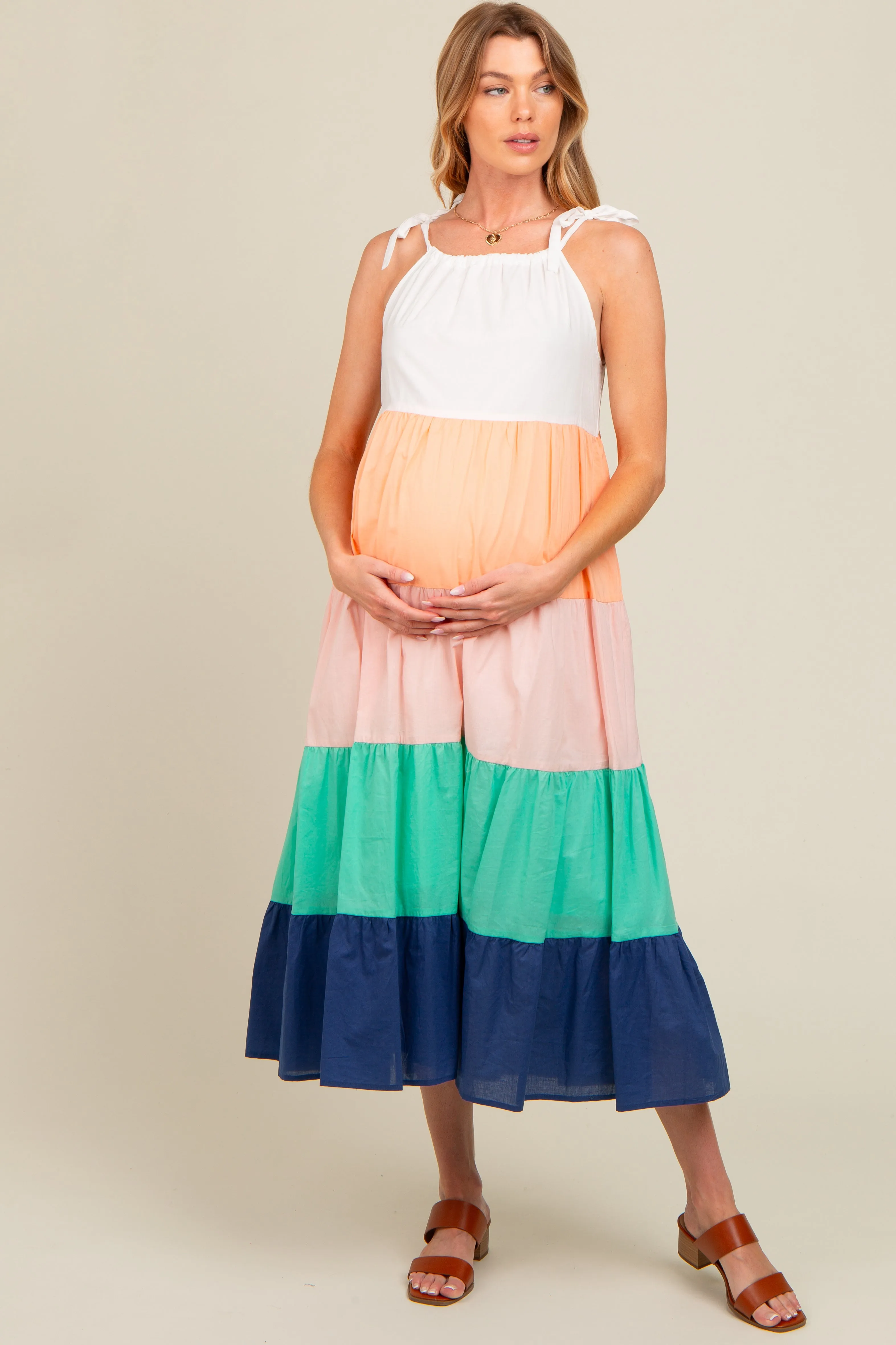 Coral Colorblock Tiered Maternity Midi Dress sold by Pinkblush