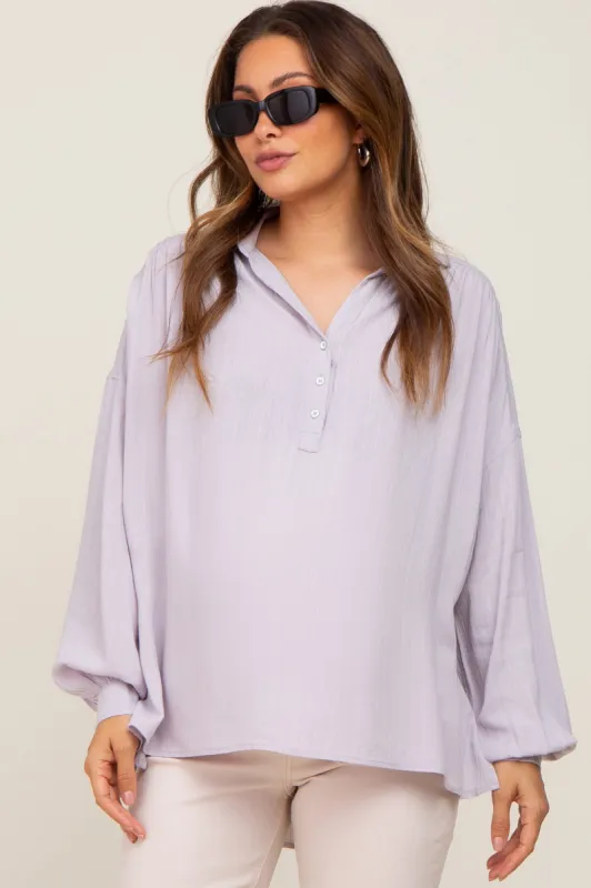 Lavender Lightweight Striped Textured Collared Maternity Top sold by Pinkblush