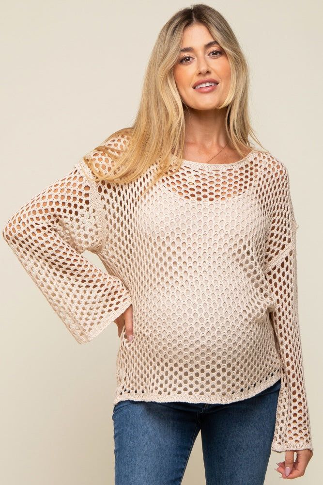 Beige Open Knit Bell Sleeve Maternity Sweater sold by Pinkblush