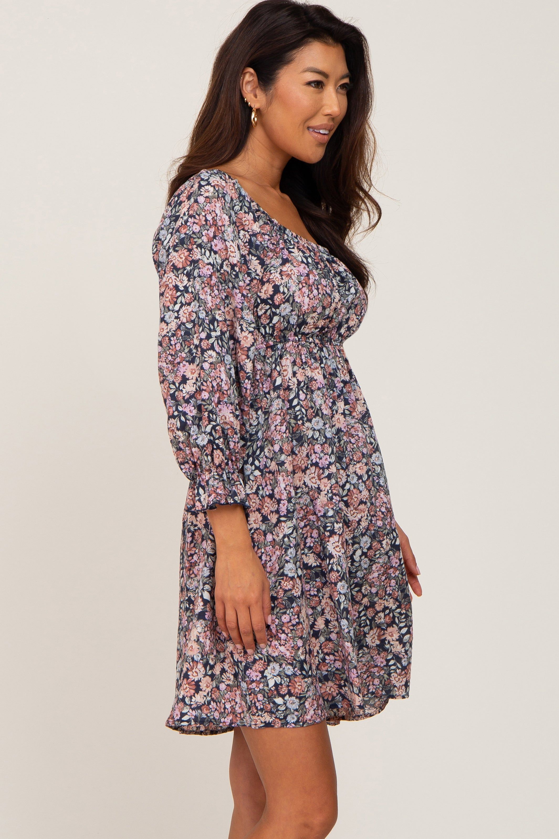 Navy Blue Floral Bubble Sleeve Dress sold by Pinkblush product image thumbnail 2