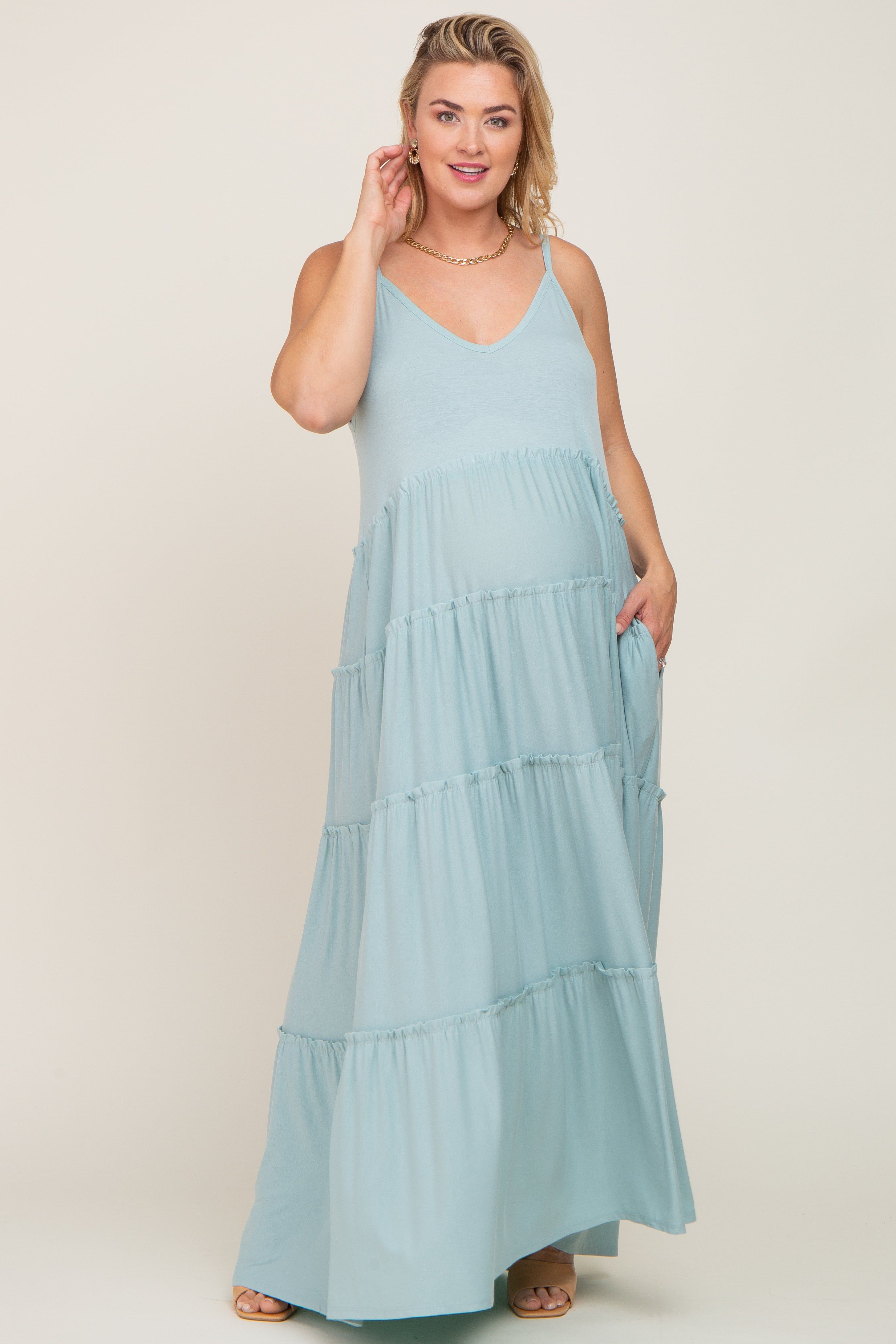 Mint Green Tiered Sleeveless Maternity Plus Maxi Dress sold by Pinkblush product image thumbnail 4