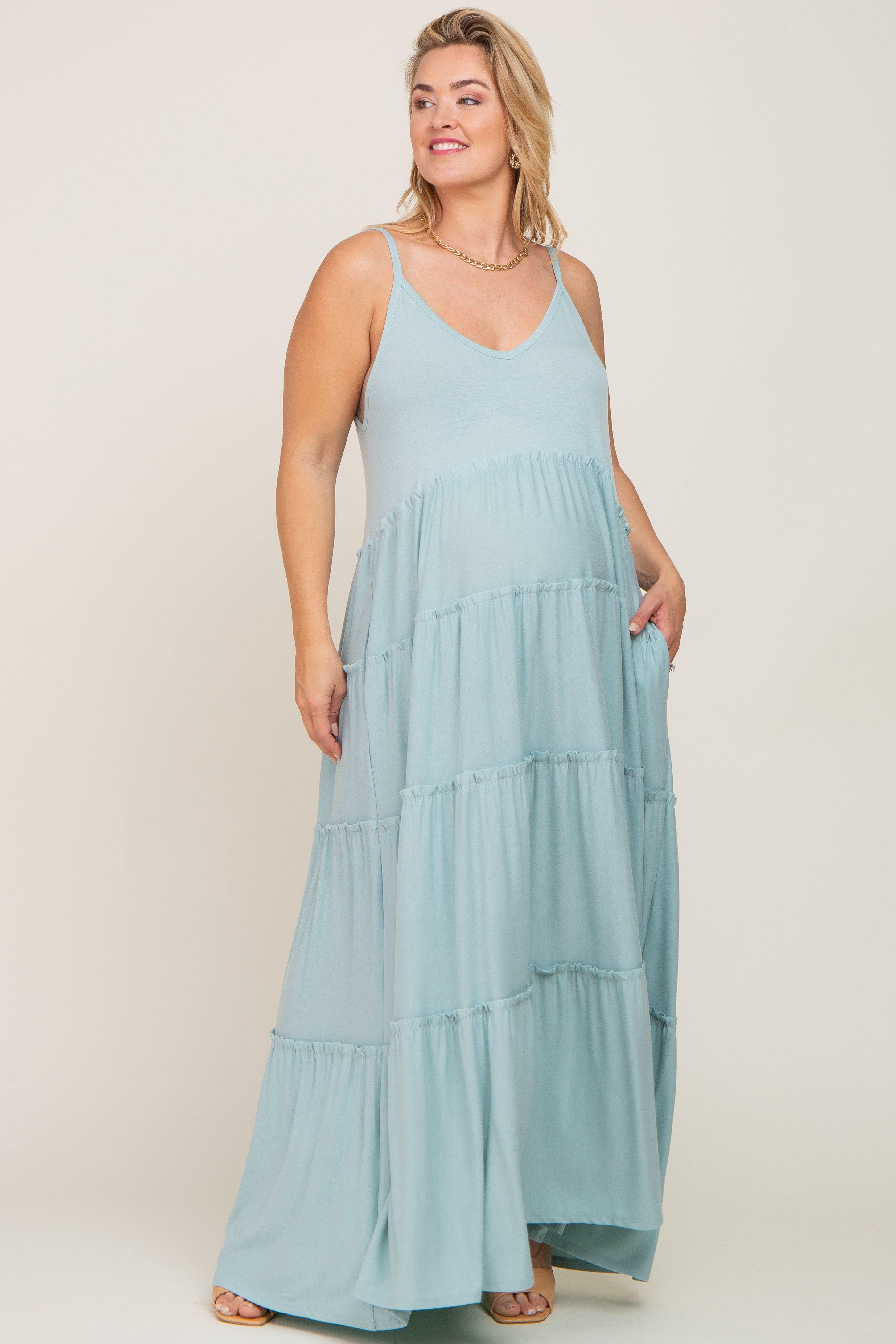 Mint Green Tiered Sleeveless Maternity Plus Maxi Dress sold by Pinkblush
