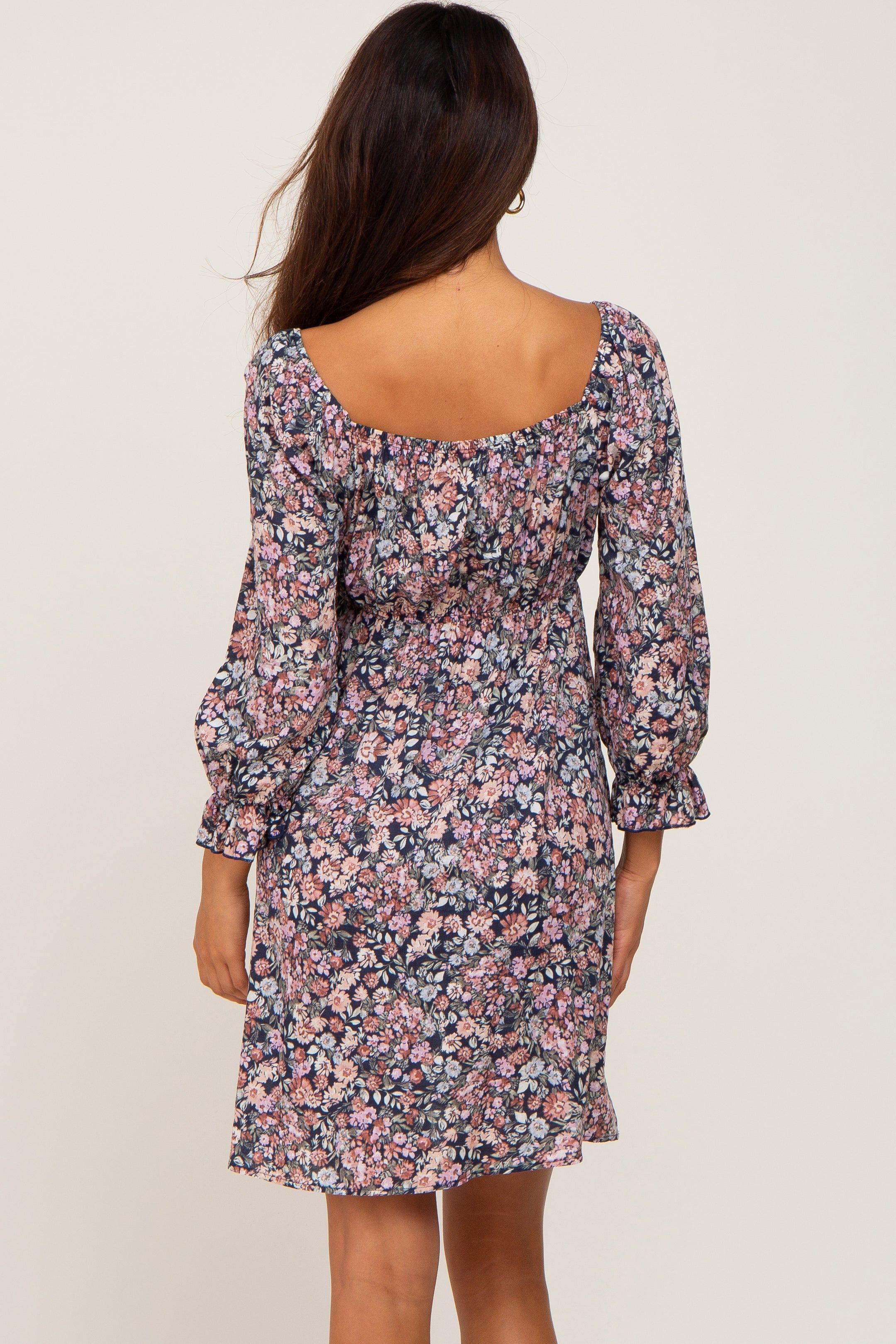 Navy Blue Floral Bubble Sleeve Dress sold by Pinkblush product image thumbnail 3