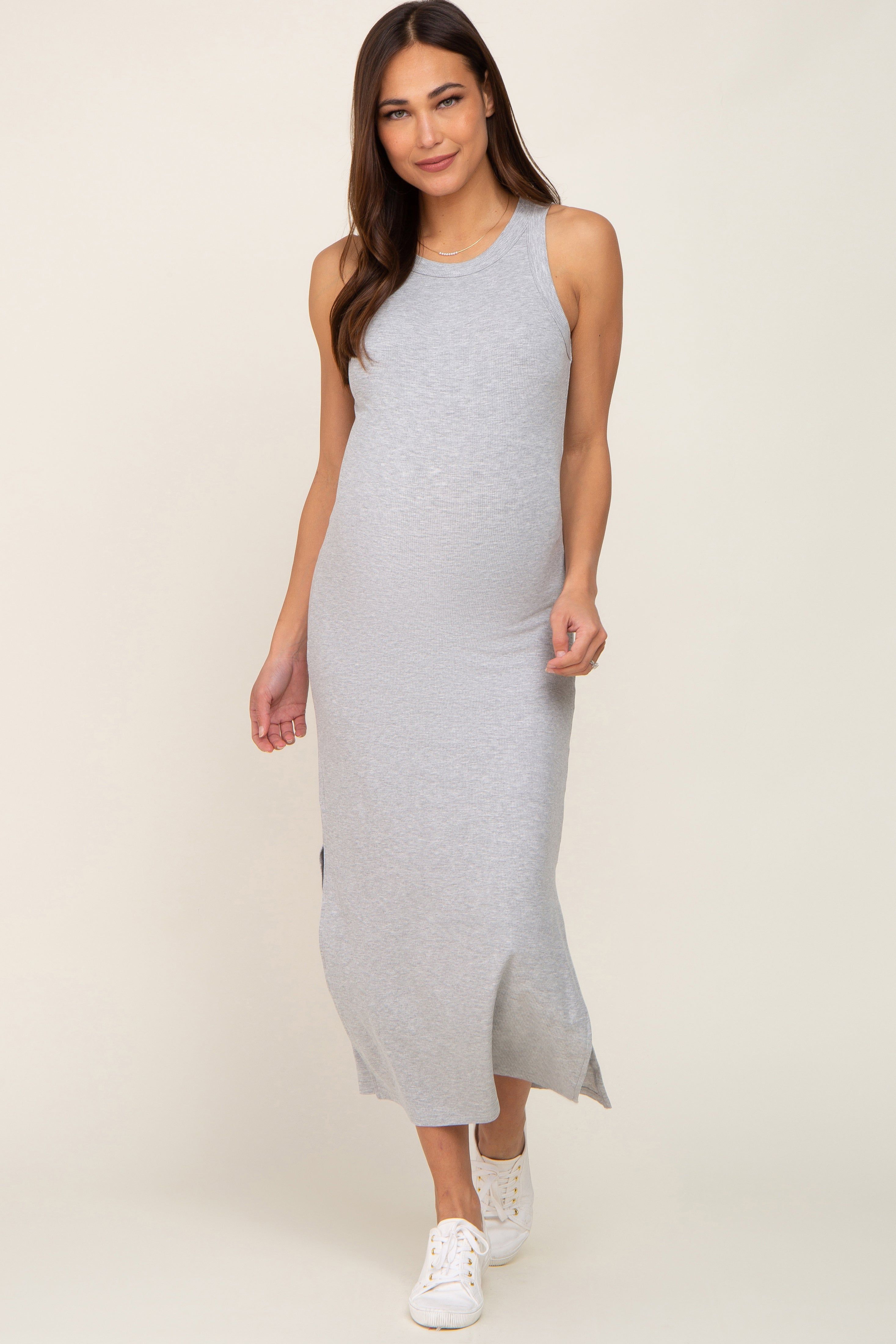 Heather Grey Ribbed Maternity Side Slit Tank Dress sold by Pinkblush