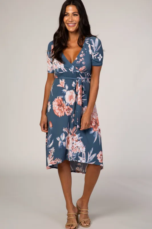 Blue Floral Draped Hi-Low Dress sold by Pinkblush