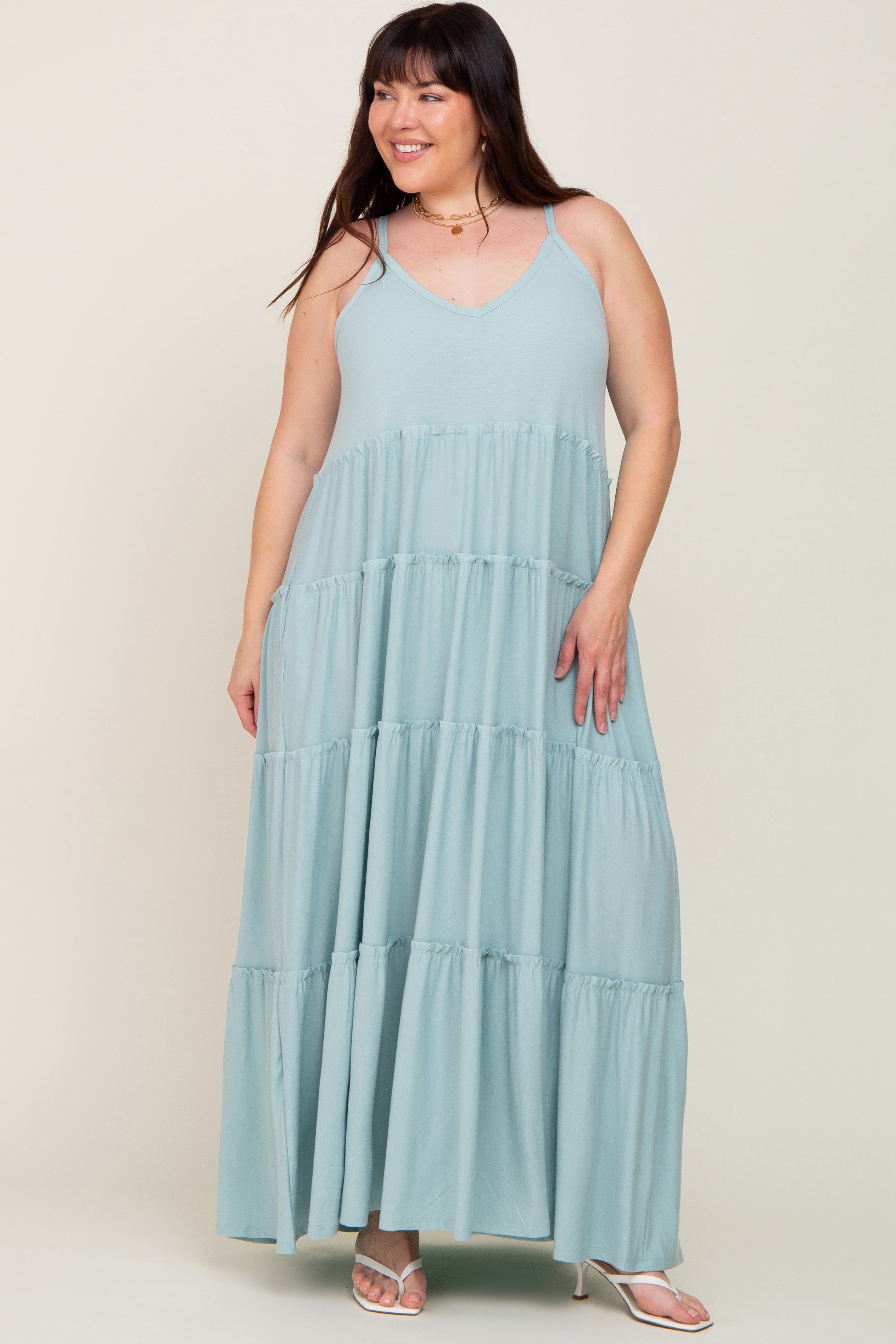 Mint Green Tiered Sleeveless Maternity Plus Maxi Dress sold by Pinkblush product image thumbnail 5