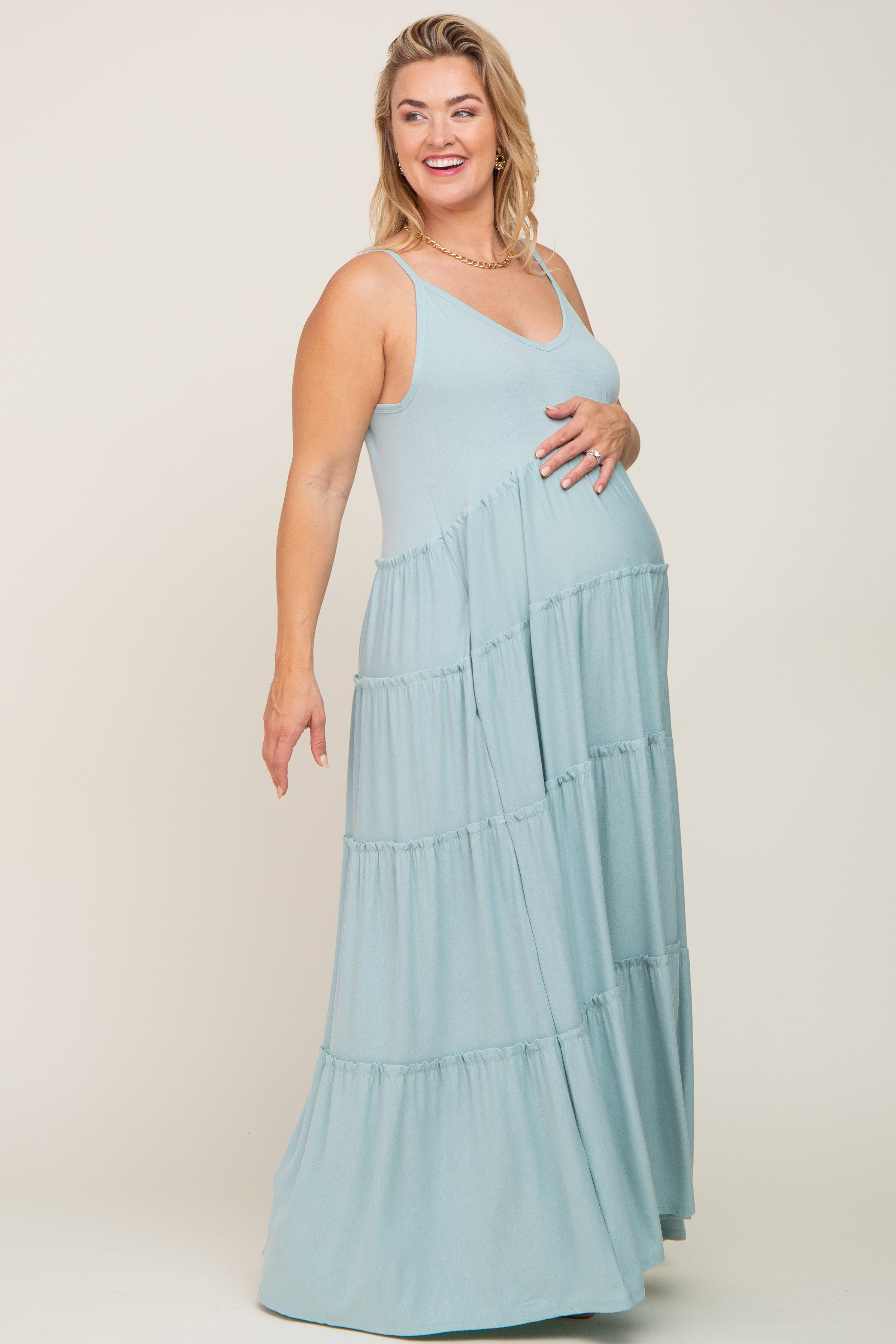 Mint Green Tiered Sleeveless Maternity Plus Maxi Dress sold by Pinkblush product image thumbnail 2