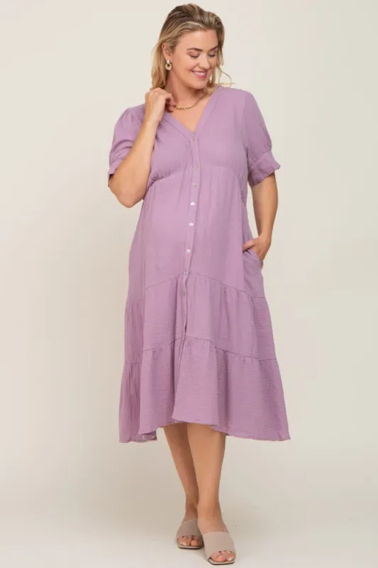 Lavender Button Down Short Sleeve Plus Maternity Dress sold by Pinkblush
