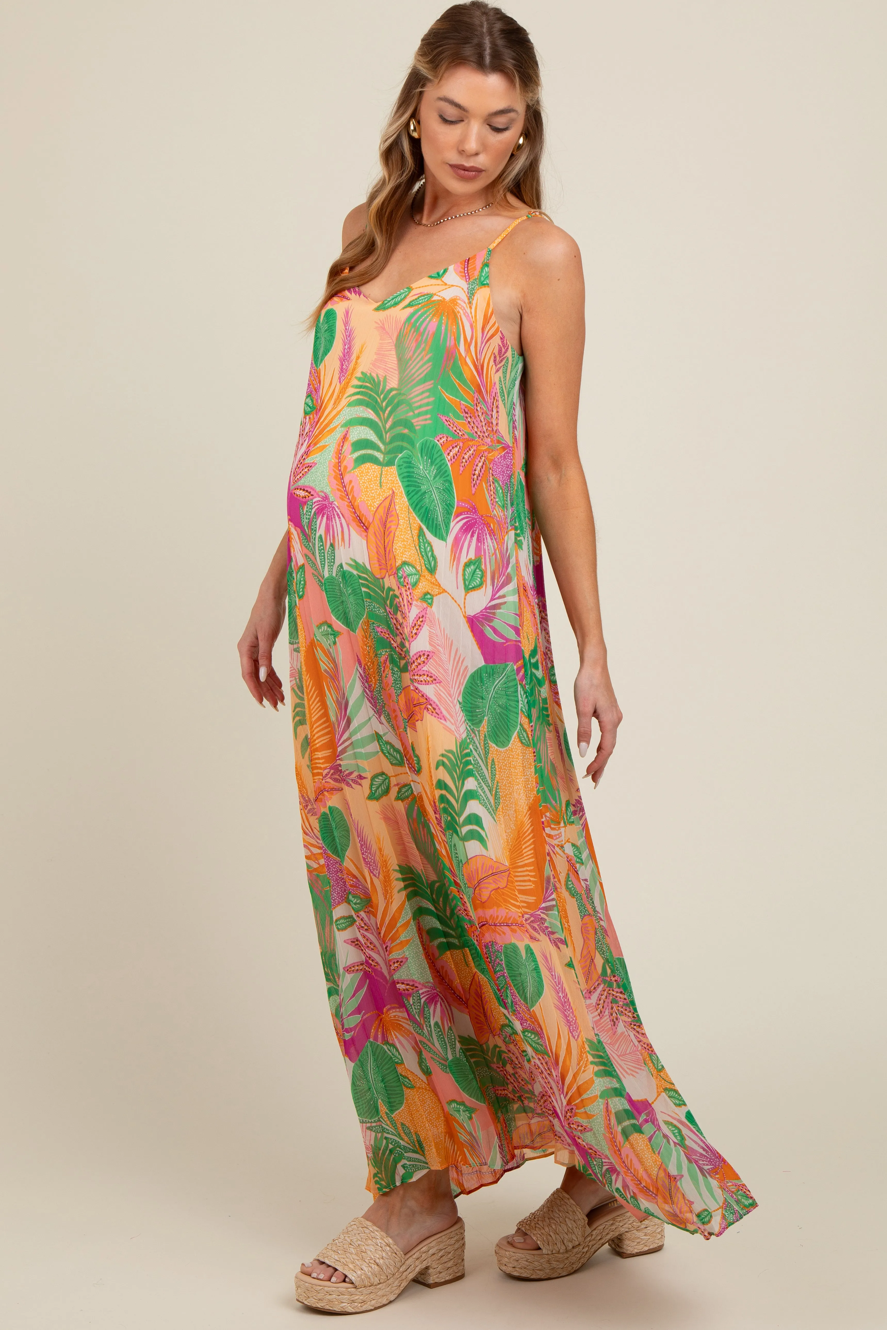 Green Multicolor Leaf Print Pleated Maternity Maxi Dress sold by Pinkblush product image thumbnail 2