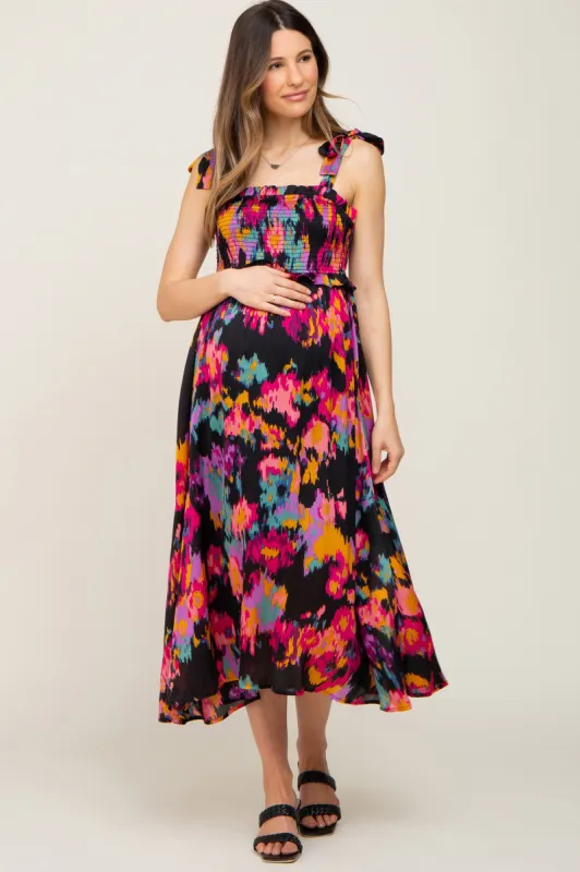 Black Printed Satin Smocked Maternity Midi Dress sold by Pinkblush