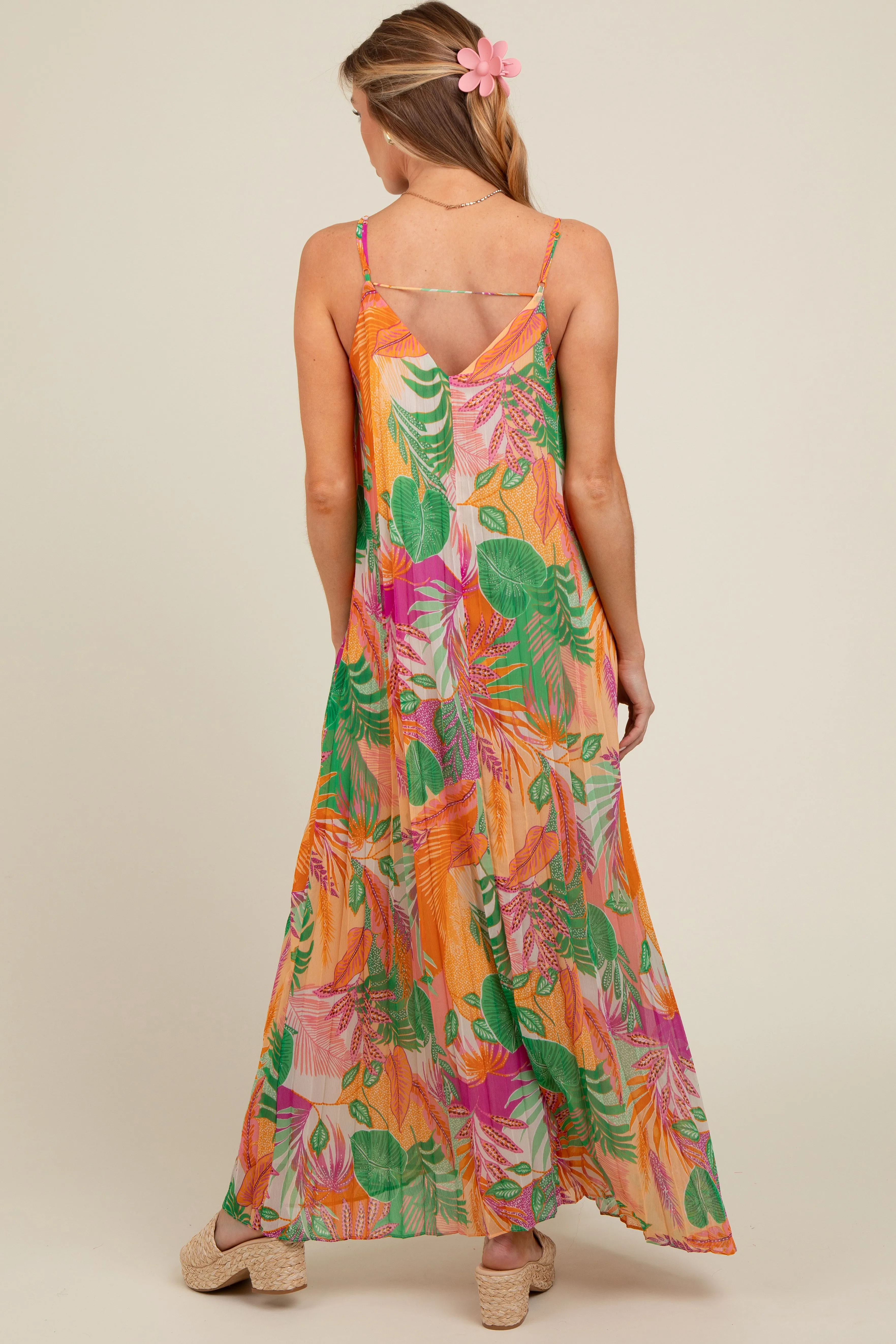 Green Multicolor Leaf Print Pleated Maternity Maxi Dress sold by Pinkblush product image thumbnail 3
