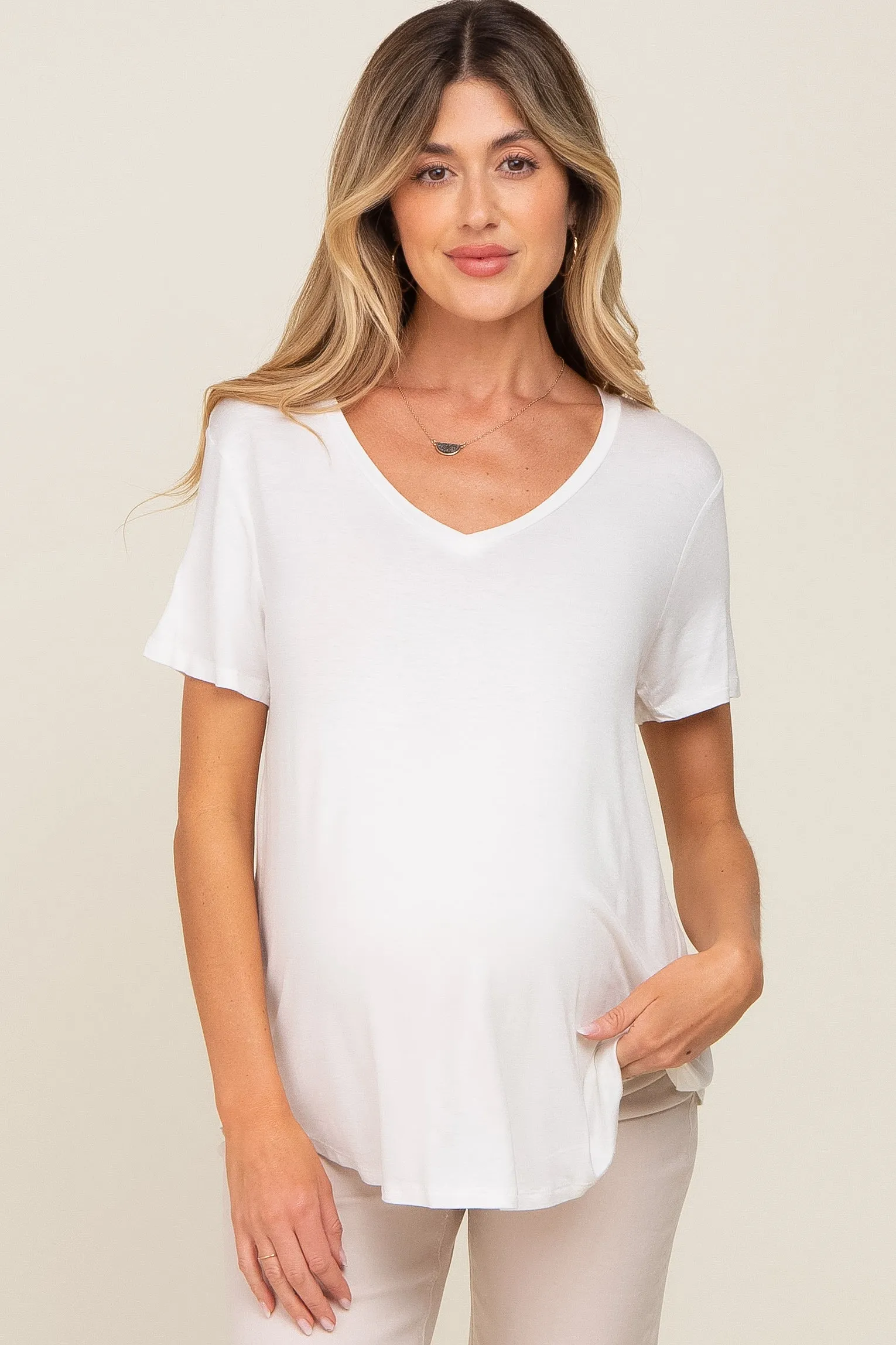 White V-Neck Maternity Tee sold by Pinkblush