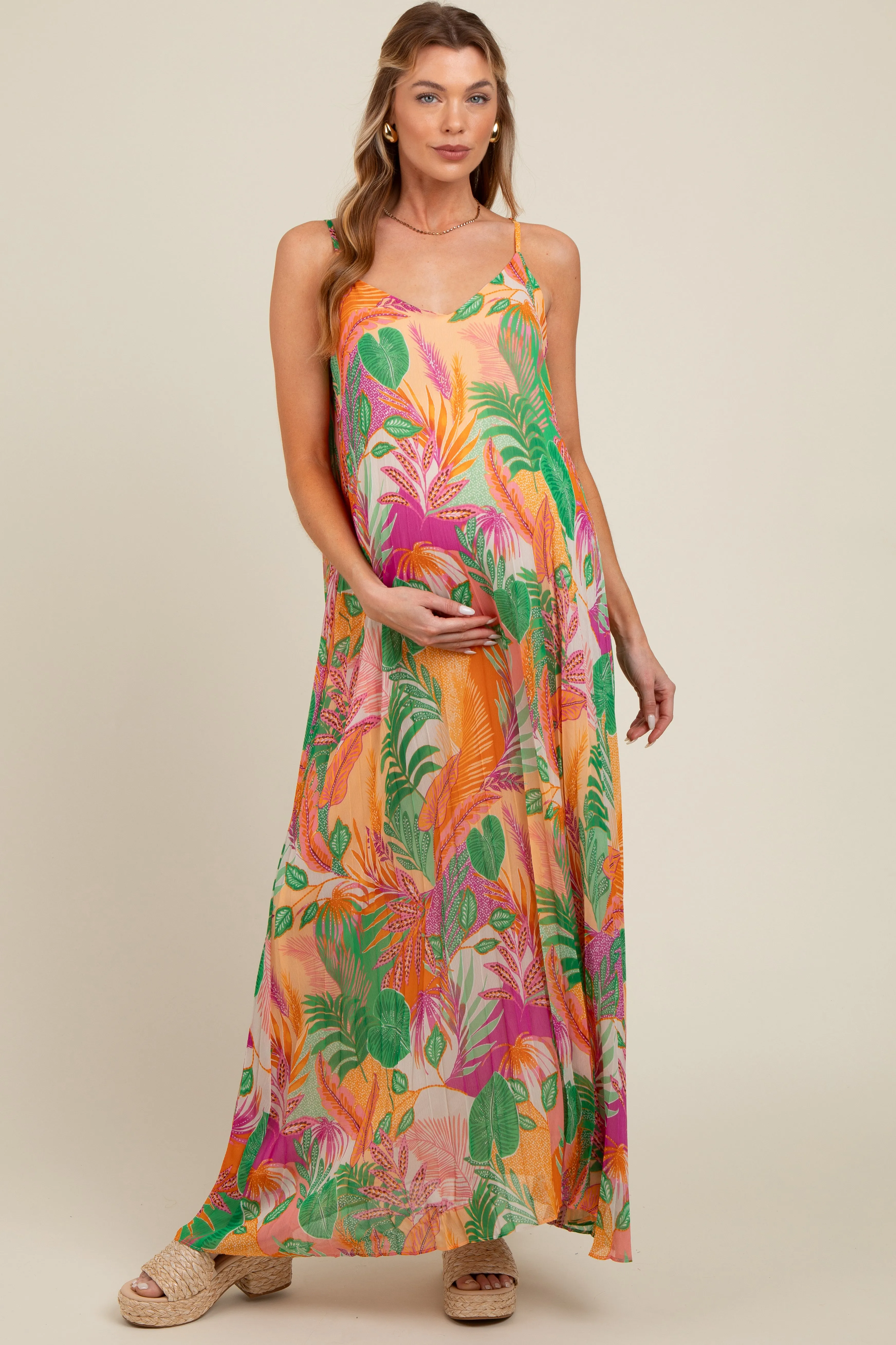 Green Multicolor Leaf Print Pleated Maternity Maxi Dress sold by Pinkblush