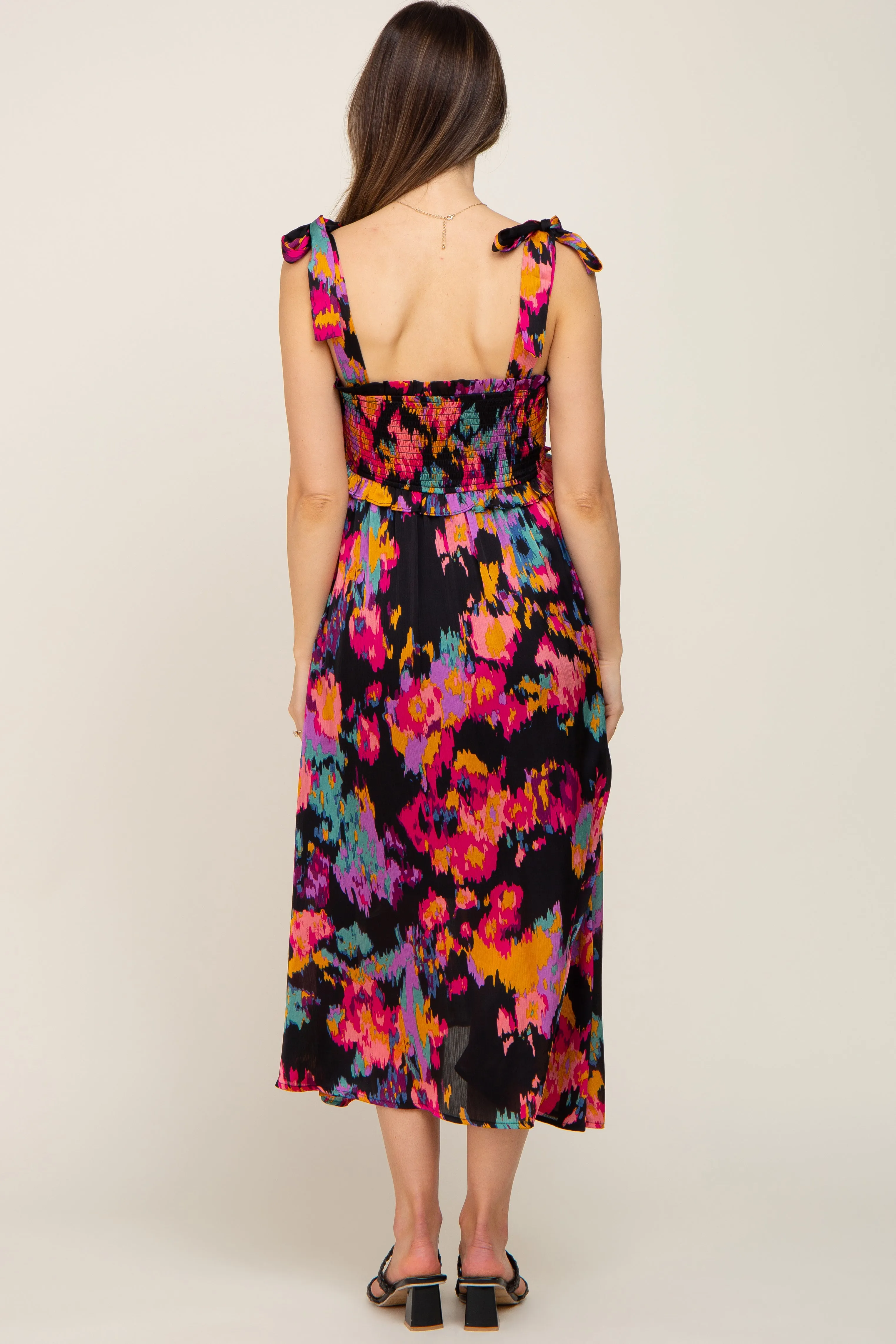 Black Printed Satin Smocked Maternity Midi Dress sold by Pinkblush product image thumbnail 3