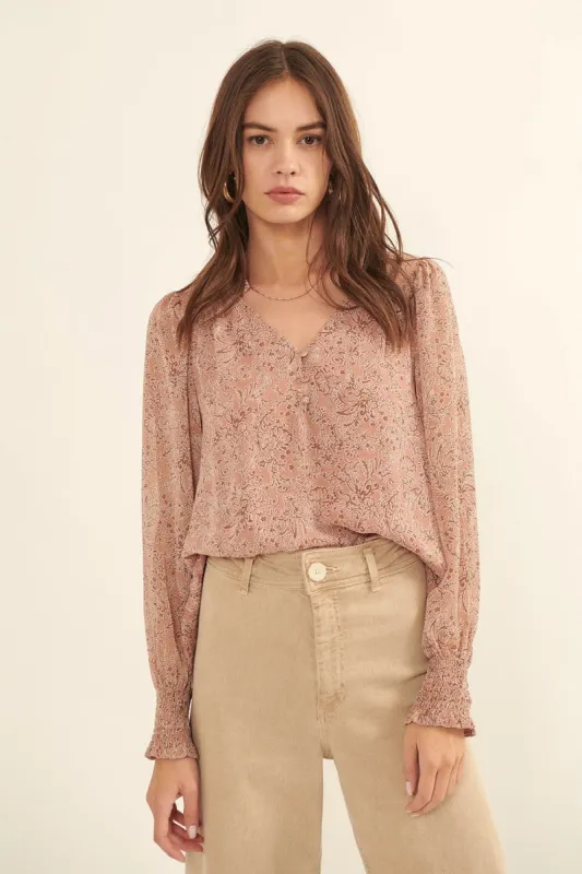 Dark Blush Floral V Neck Button Front Long Sleeve Blouse sold by Pinkblush