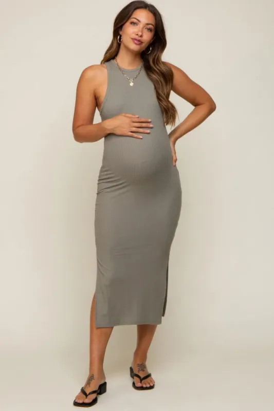 Light Olive Ribbed Sleeveless Side Slit Maternity Midi Dress sold by Pinkblush
